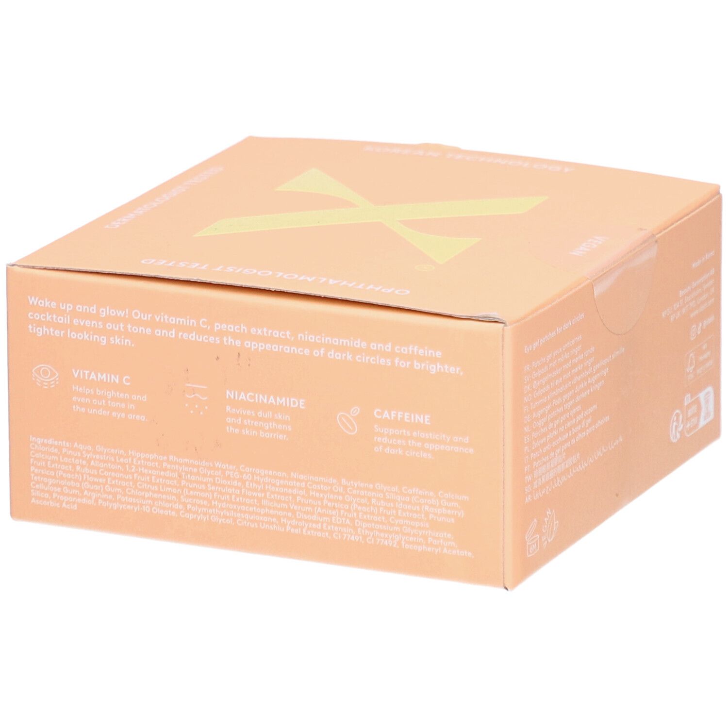 Boîte en carton beige. Texte sur le côté avec ingrédients: Vitamine C, Niacinamide, Caféine.