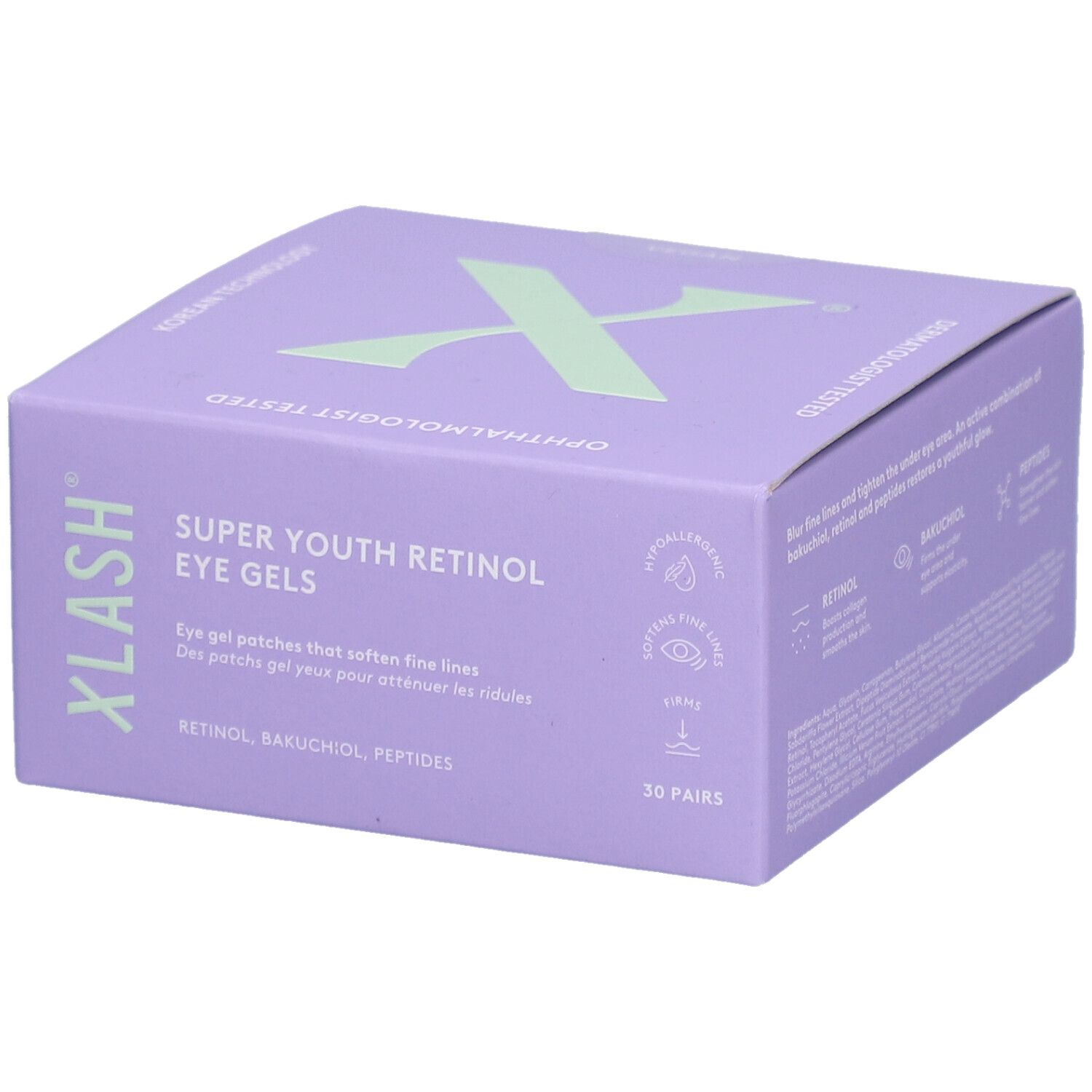 Paarse doos met "XLASH" en "SUPER YOUTH RETINOL EYE GELS". Bevat 30 paar. Oogarts getest.