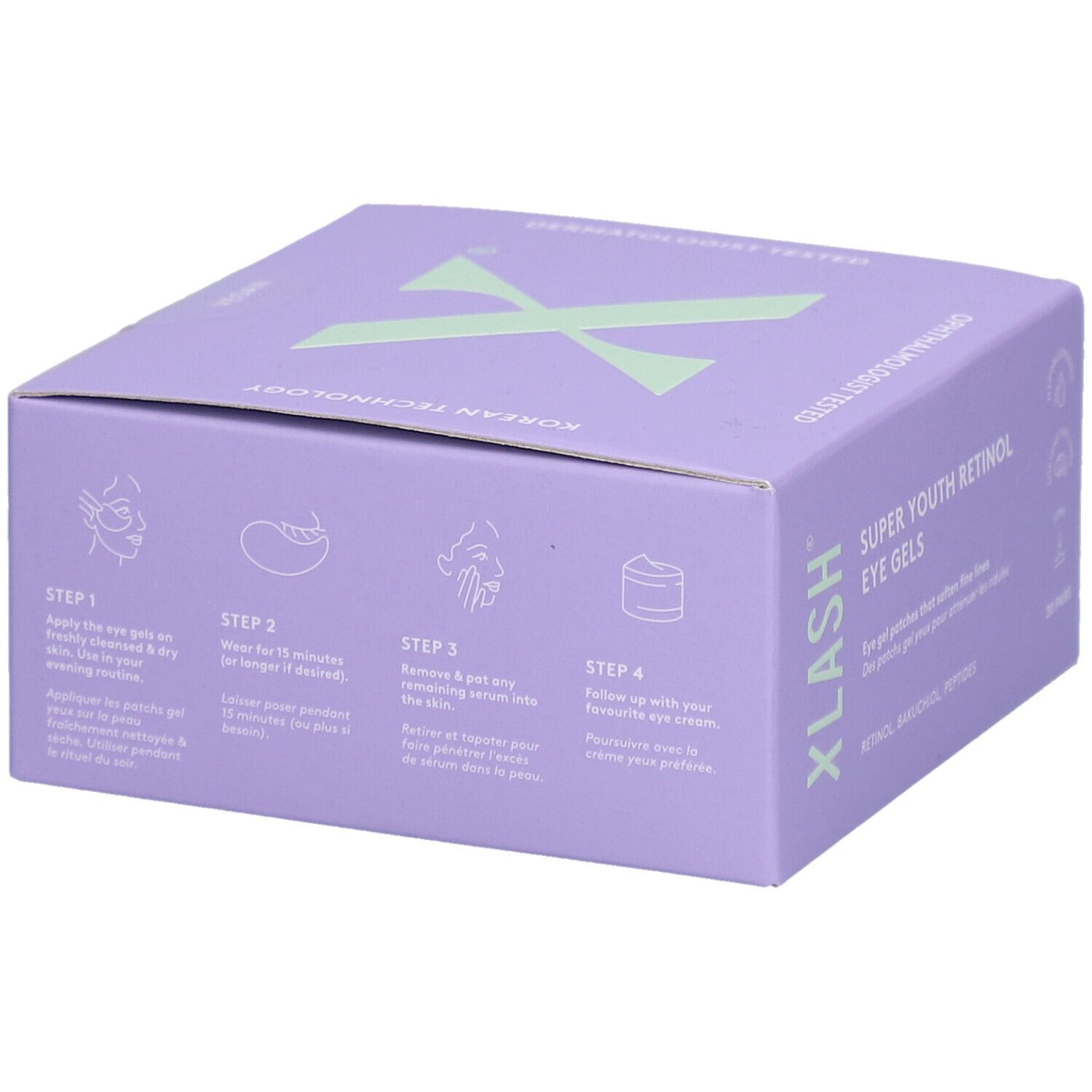Paarse doos met "XLASH" en "SUPER YOUTH RETINOL EYE GELS". 4-staps instructies. Koreaanse technologie.