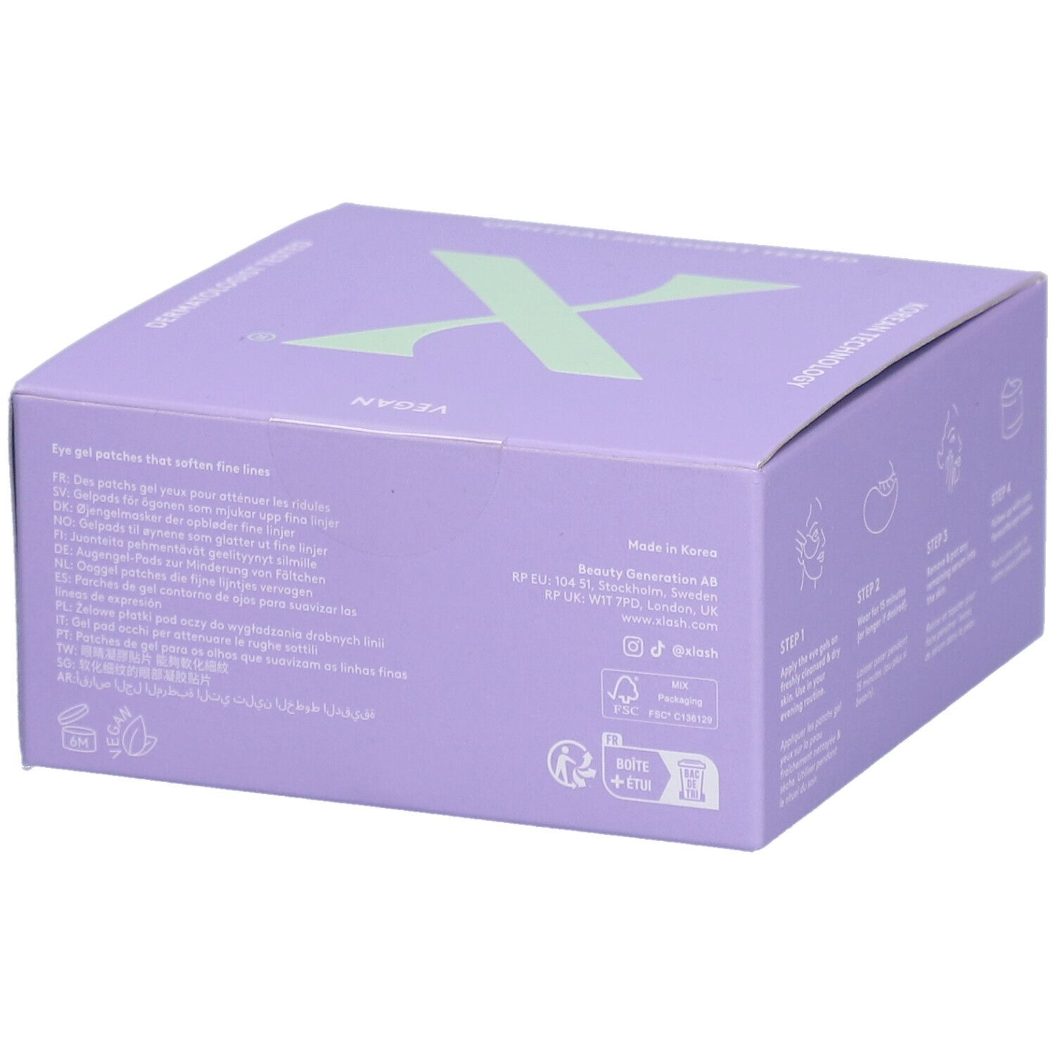 Paarse doos met "XLASH" en "SUPER YOUTH RETINOL EYE GELS". Vegan. Info over ingrediënten en fabrikant.