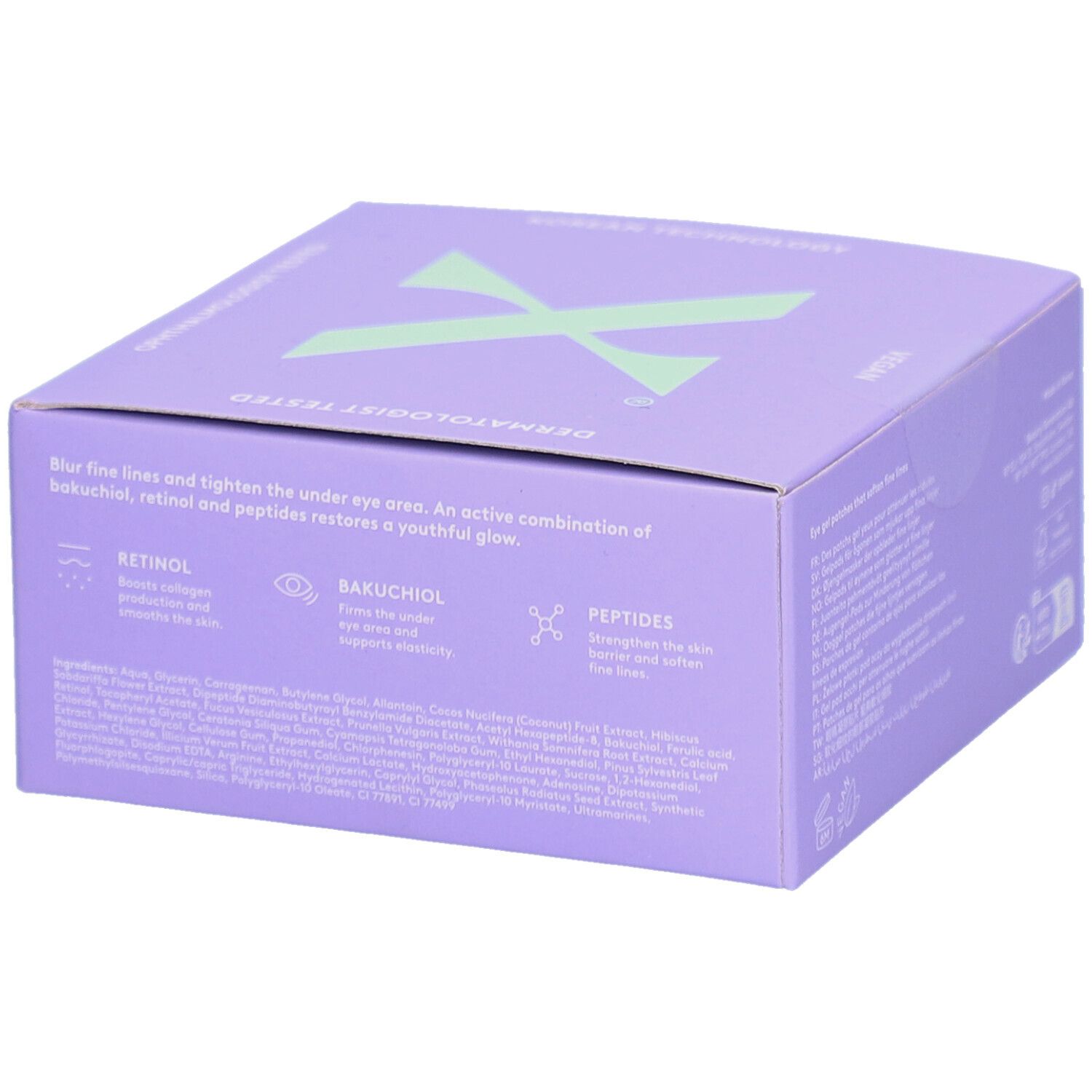 Paarse doos met "XLASH" en "SUPER YOUTH RETINOL EYE GELS". Dermatologisch getest. Ingrediënten: Retinol, Bakuchiol, Peptiden.