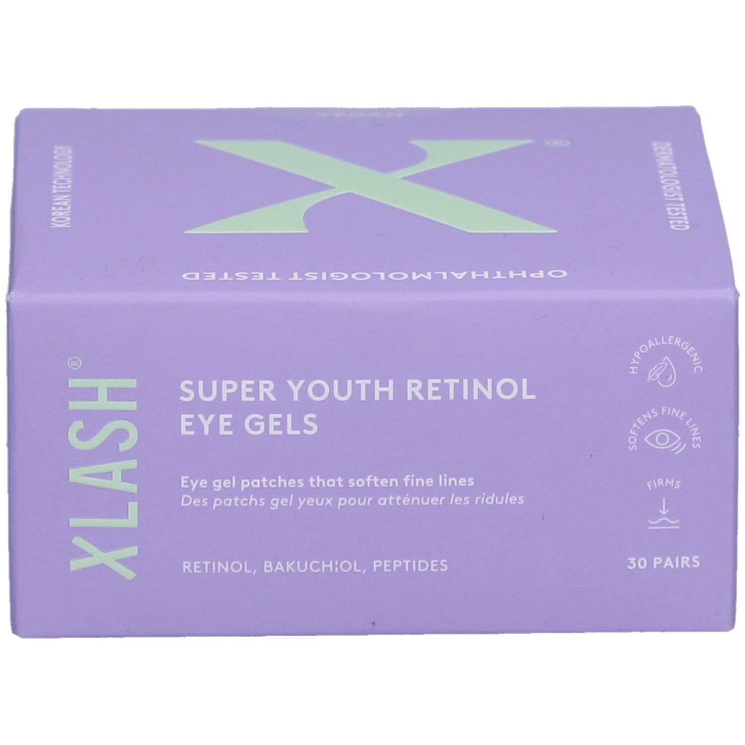 Paarse doos met "XLASH" en "SUPER YOUTH RETINOL EYE GELS". Bevat 30 paar. Oogarts getest. Hypoallergeen.