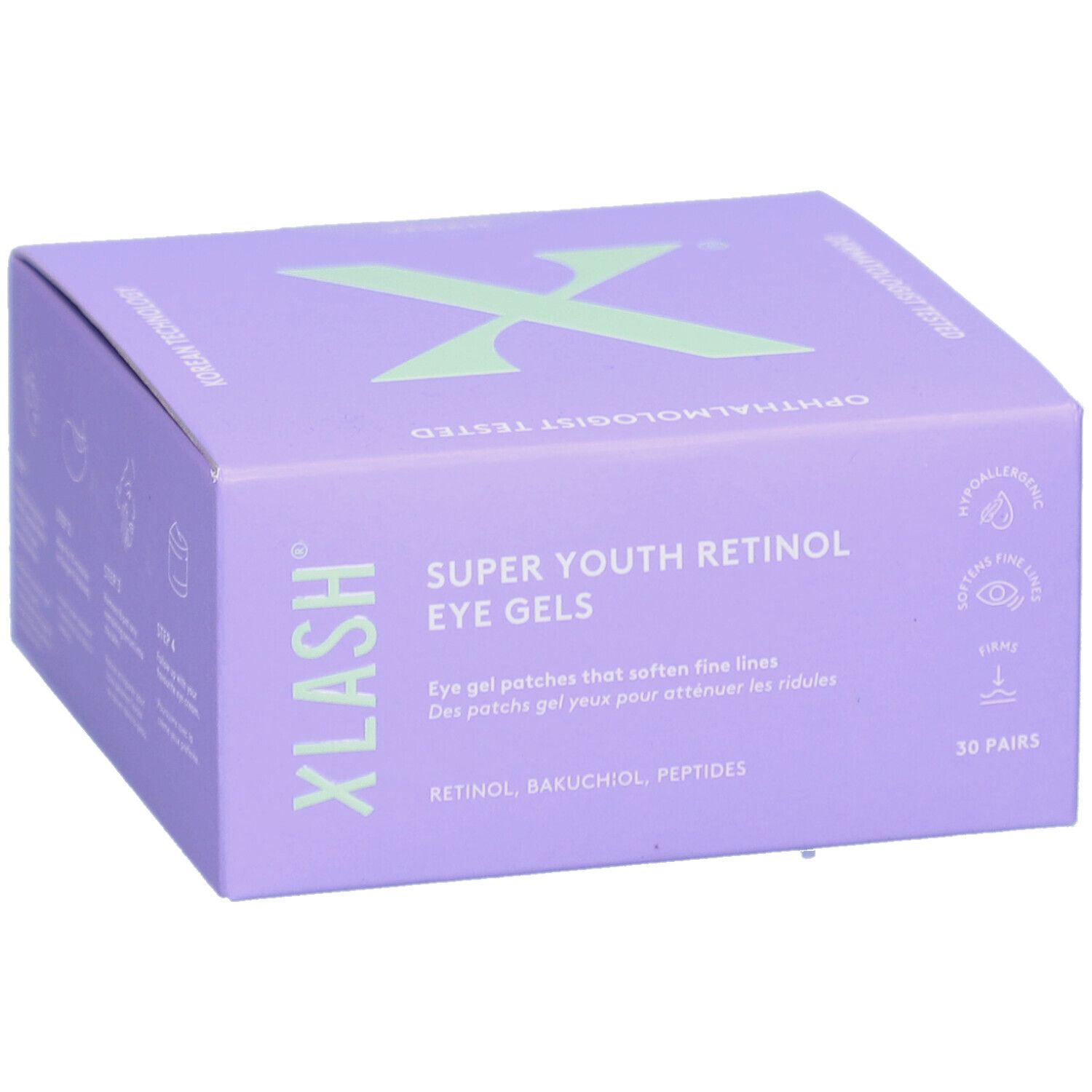 Paarse doos met "XLASH" en "SUPER YOUTH RETINOL EYE GELS". Bevat 30 paar. Oogarts getest. Hypoallergeen.