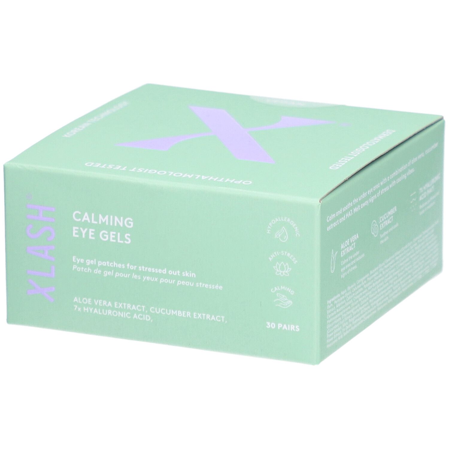 Boîte vert clair avec logo « X » violet. Inscription : « Calming Eye Gels ». Contient 30 paires. Ingrédients : Aloe Vera, extrait de concombre, acide hyaluronique.