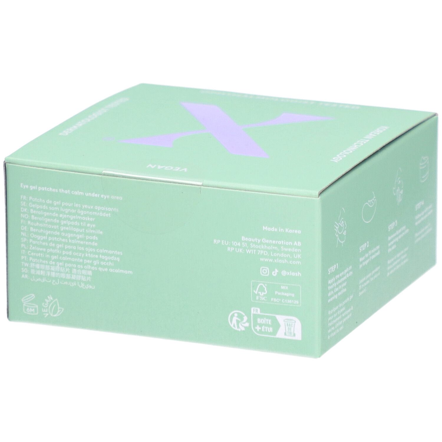 Boîte vert clair avec logo « X » violet. Texte multilingue sur le côté. Informations sur le fabricant au dos.