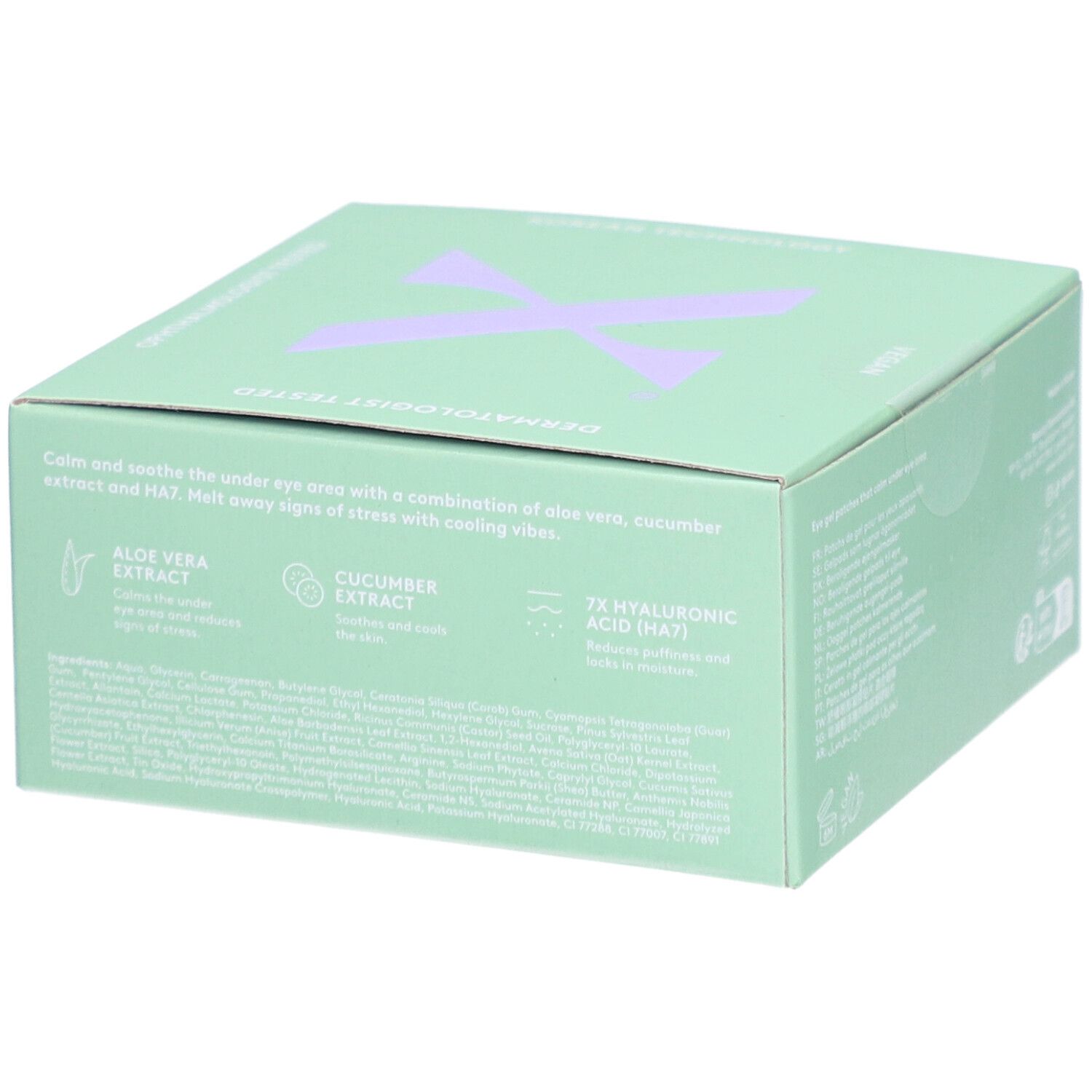 Boîte vert clair avec logo « X » violet. Texte sur le côté concernant les ingrédients : Aloe Vera, extrait de concombre, acide hyaluronique.