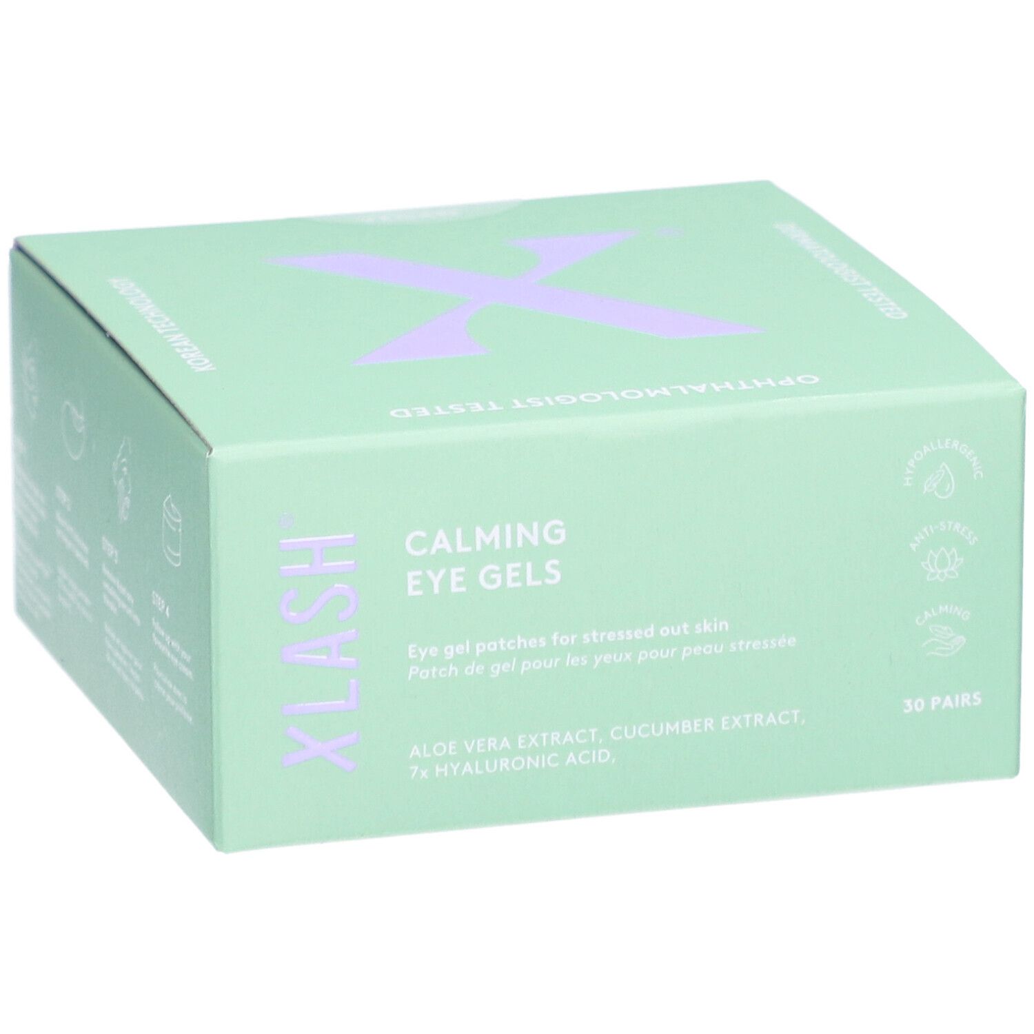Boîte vert clair avec logo « X » violet. Inscription : « Calming Eye Gels ». Contient 30 paires. Ingrédients : Aloe Vera, extrait de concombre, acide hyaluronique.