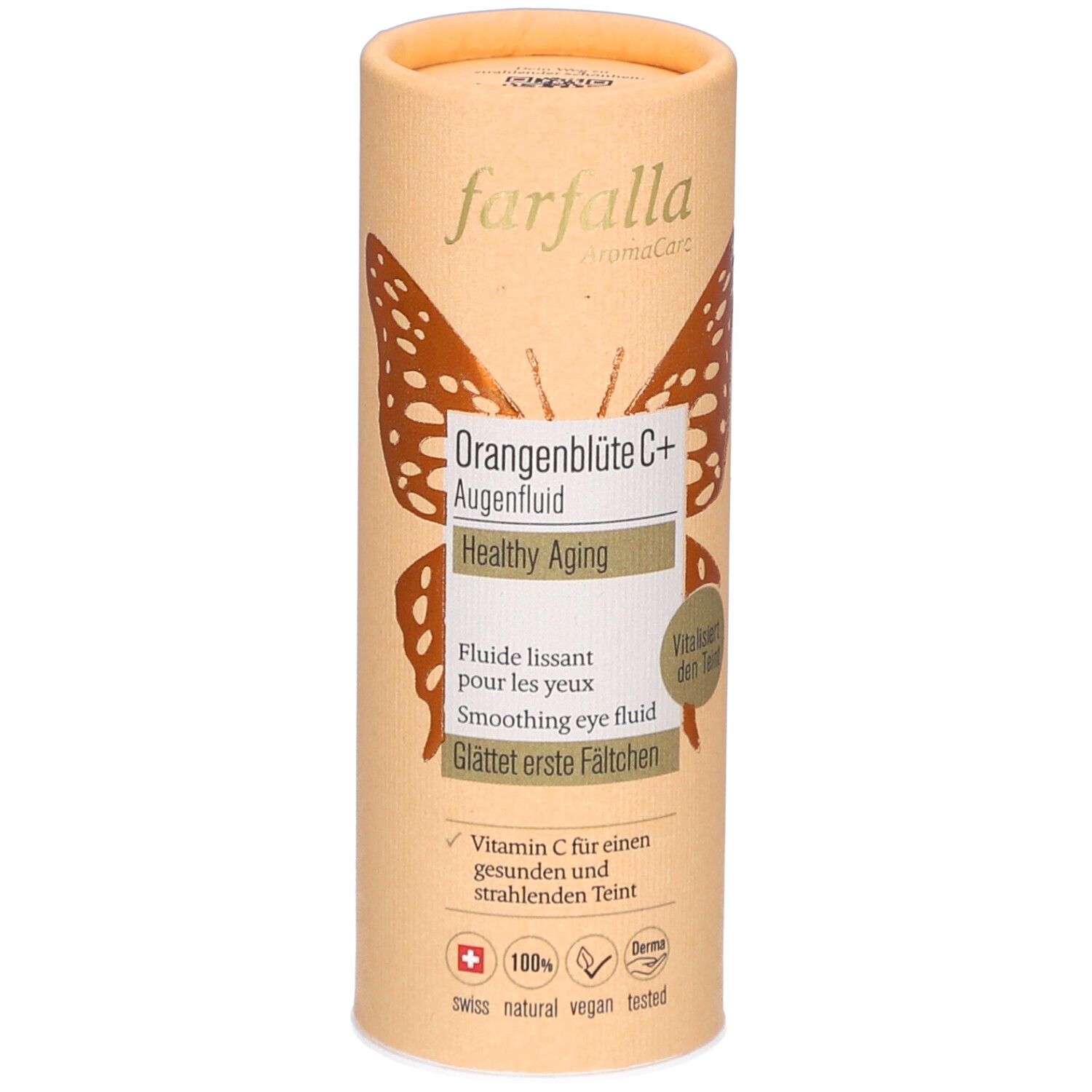 Cilindrische verpakking. Opschrift: farfalla, Orangenblüte C+ Augenfluid, Healthy Aging. Vlinder motief. Zwitsers kruis.