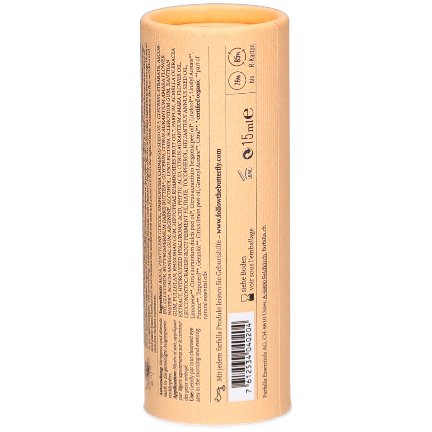 Achterkant van de cilindrische verpakking. Ingrediënten, gebruiksaanwijzing, barcode, 15ml. Meertalige tekst.