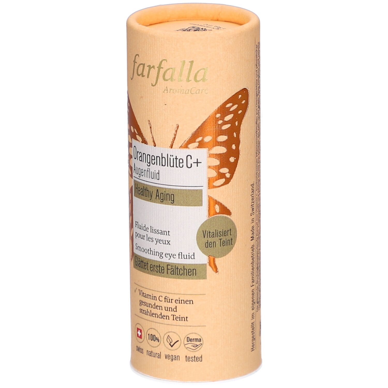 Cilindrische verpakking. Opschrift: farfalla, Orangenblüte C+ Augenfluid, Healthy Aging. Vlinder motief. Zwitsers kruis.