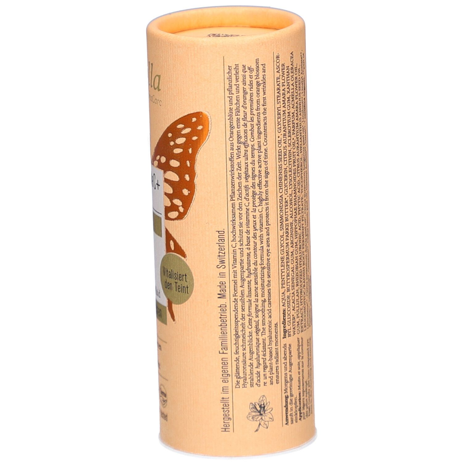 Achterkant van de cilindrische verpakking. Ingrediënten, gebruiksaanwijzing, barcode, 15ml. Meertalige tekst.