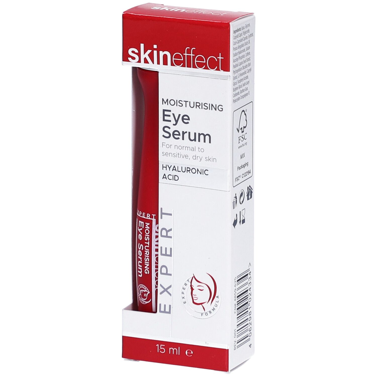 Oogserum in rode tube en verpakking. Merk: skineffect. Tekst: MOISTURISING Eye Serum, HYALURONIC ACID. 15 ml.