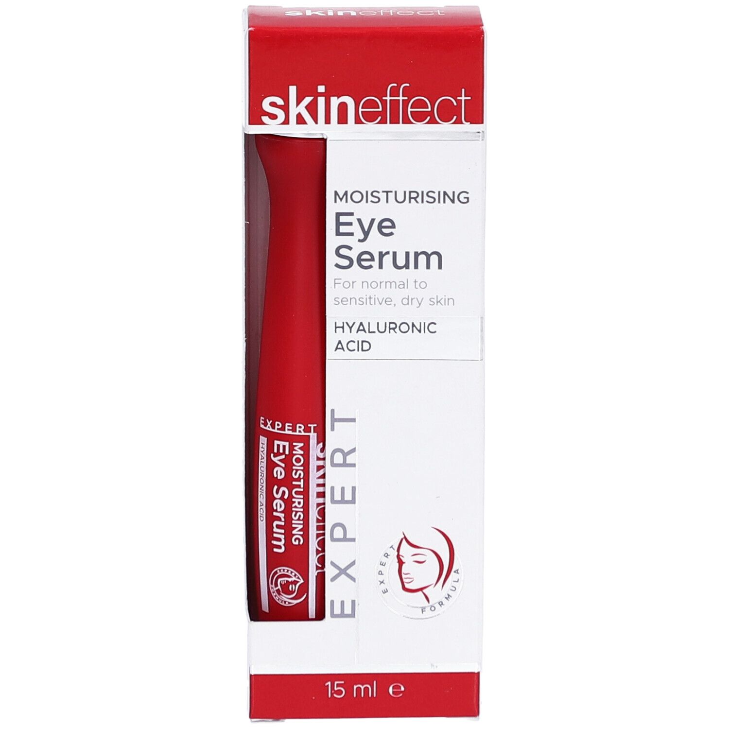 Oogserum in rode tube en verpakking. Merk: skineffect. Tekst: MOISTURISING Eye Serum, HYALURONIC ACID. 15 ml.