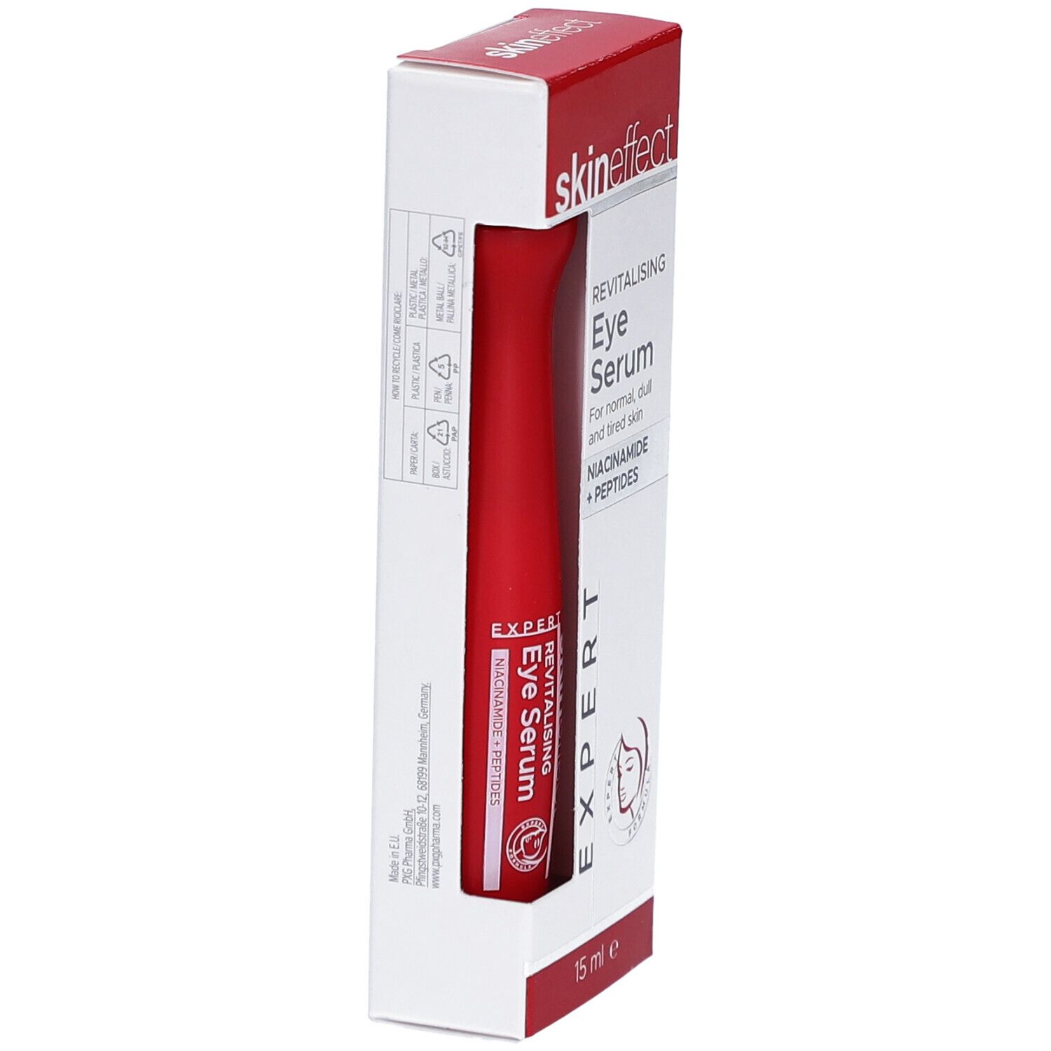 SKINEFFECT oogserum in verpakking. Rode tube in wit-rode doos. Opschriften: naam, productaanduiding, ingrediënten, 15 ml.