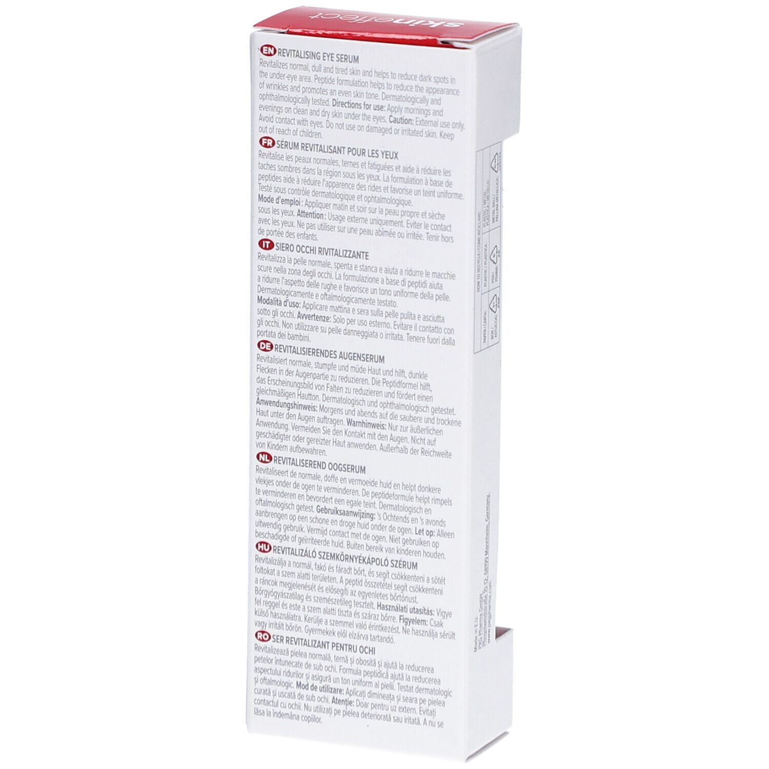 Achterkant van de verpakking van SKINEFFECT oogserum. Meertalige tekst, FSC-keurmerk, recyclingsymbolen.