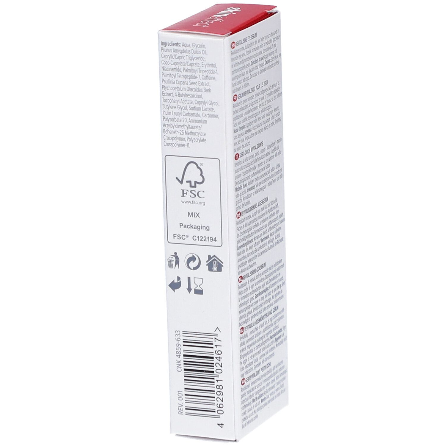 Zijkant van de verpakking van SKINEFFECT oogserum. Ingrediënten, FSC-keurmerk, recyclingsymbolen, chargenummer.