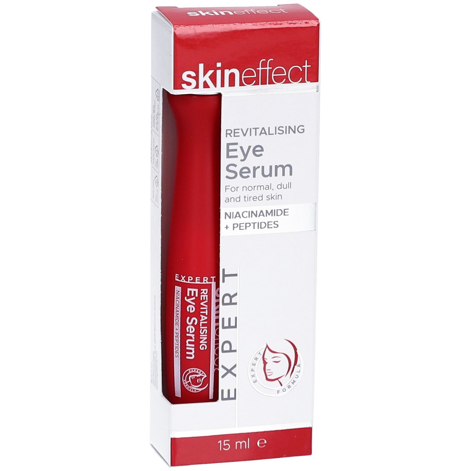 SKINEFFECT oogserum in verpakking. Rode tube in wit-rode doos. Opschriften: naam, productaanduiding, ingrediënten, 15 ml.