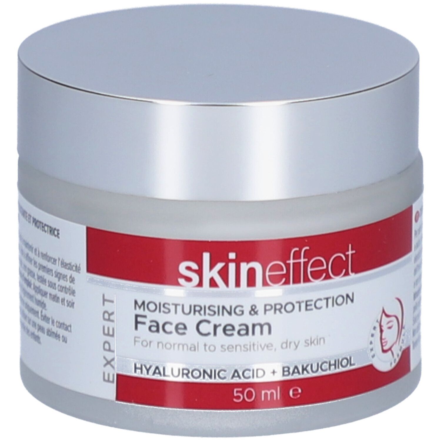 Pot de crème avec couvercle argenté. Bande rouge avec informations produit. Inscription : skin effect, Face Cream, 50 ml.