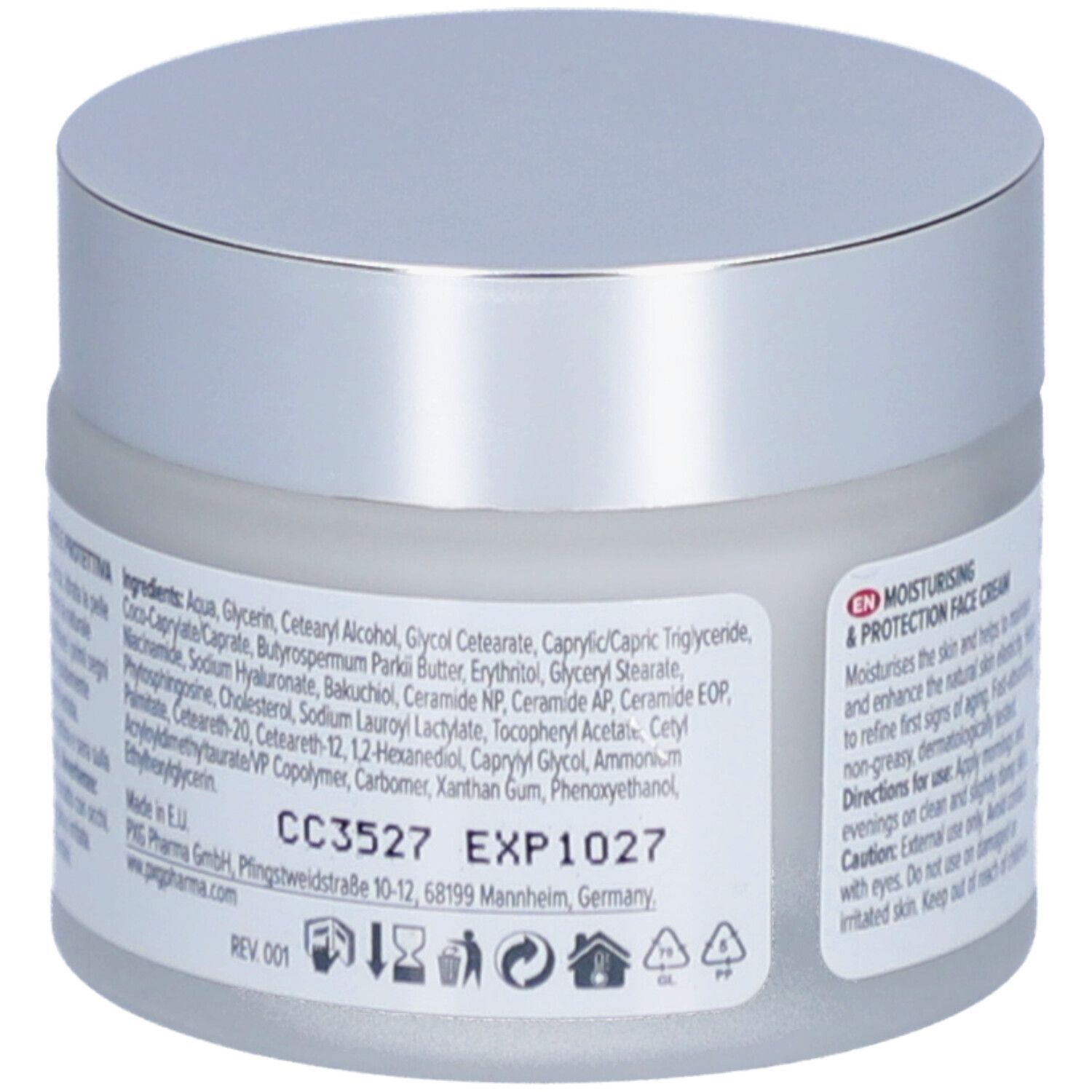 Pot de crème avec couvercle argenté. Dos avec ingrédients et informations fabricant.