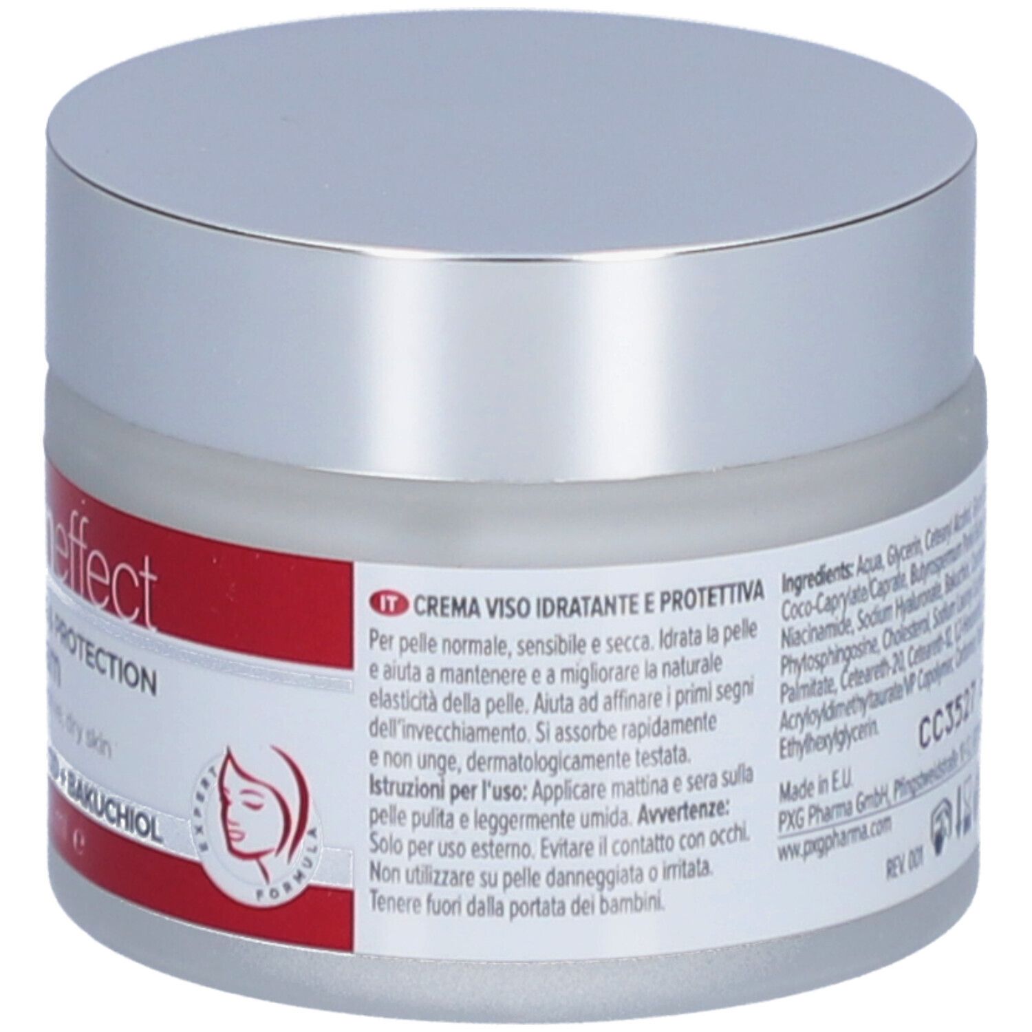 Pot de crème avec couvercle argenté. Dos avec informations produit en italien.