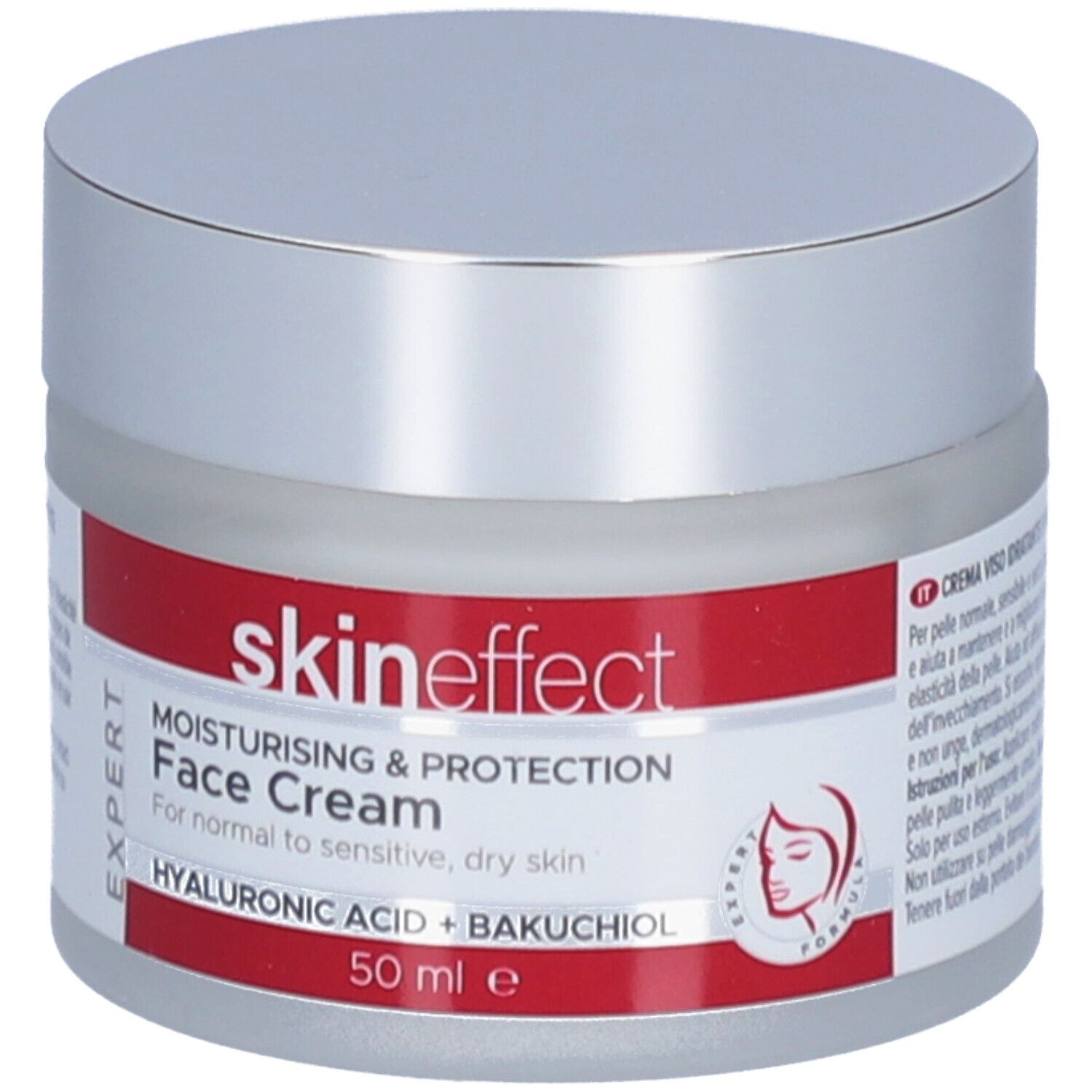 Pot de crème avec couvercle argenté. Bande rouge avec informations produit. Inscription : skin effect, Face Cream, 50 ml.