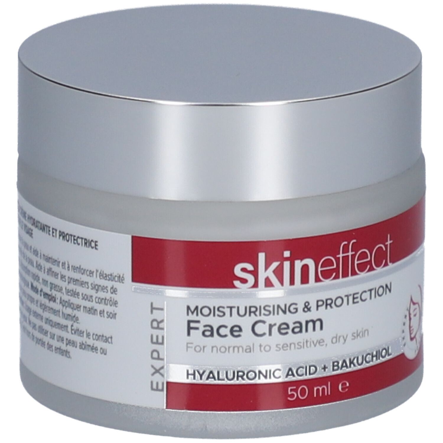 Pot de crème avec couvercle argenté. Bande rouge avec informations produit. Inscription : skin effect, Face Cream, 50 ml.