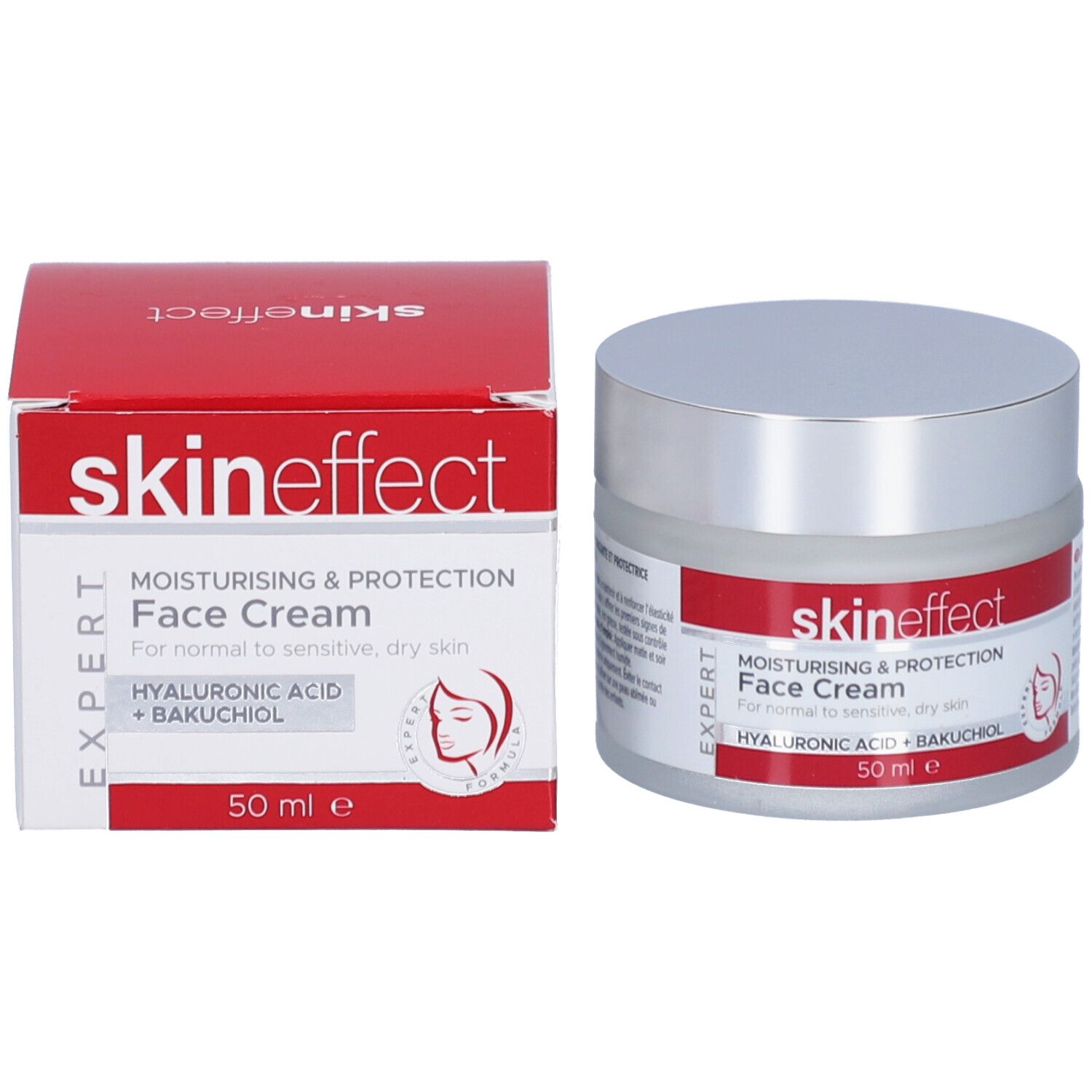 Pot de crème et boîte. Boîte rouge avec informations produit. Inscription : skin effect, Face Cream, 50 ml.