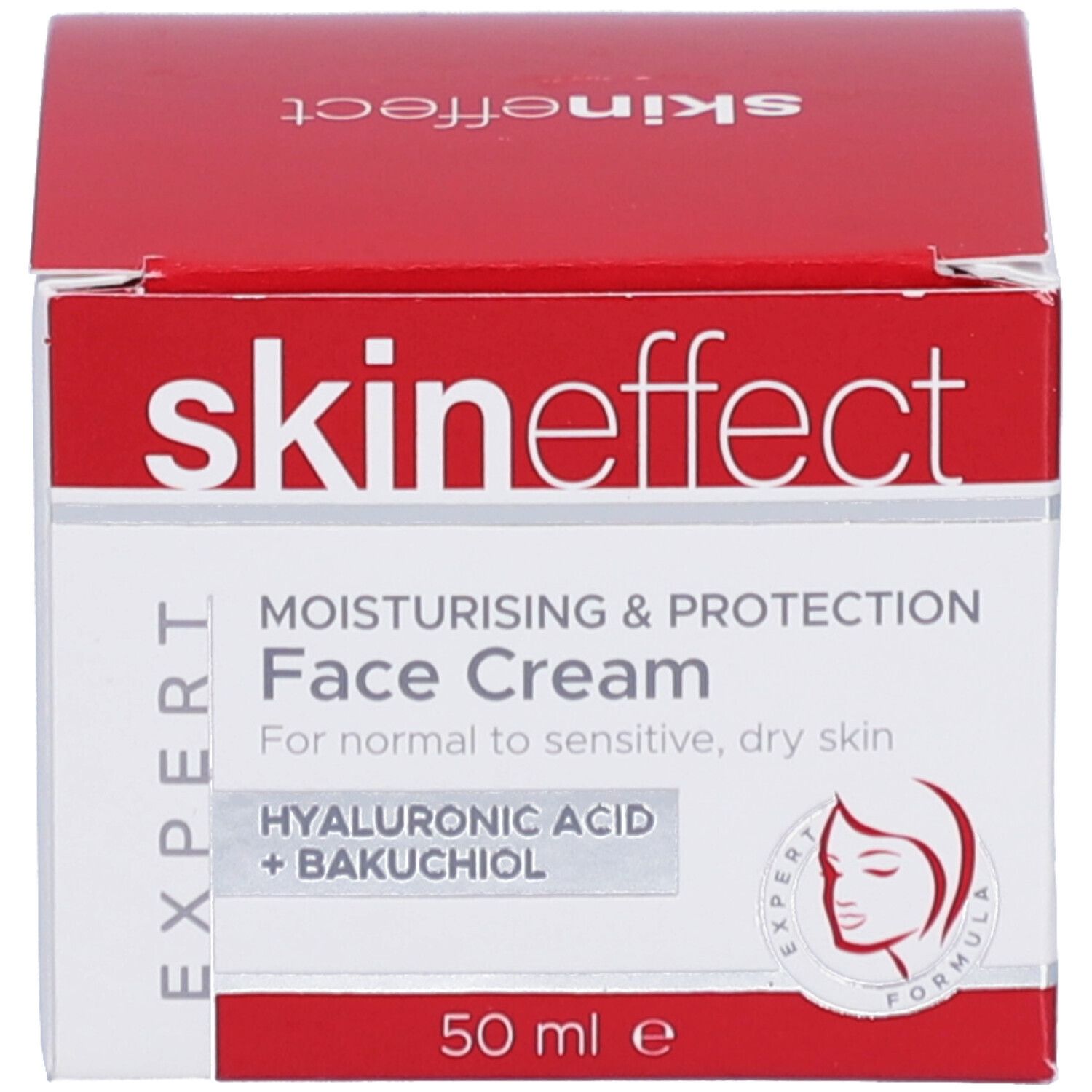 Boîte rouge avec informations produit. Inscription : skin effect, Face Cream, 50 ml.
