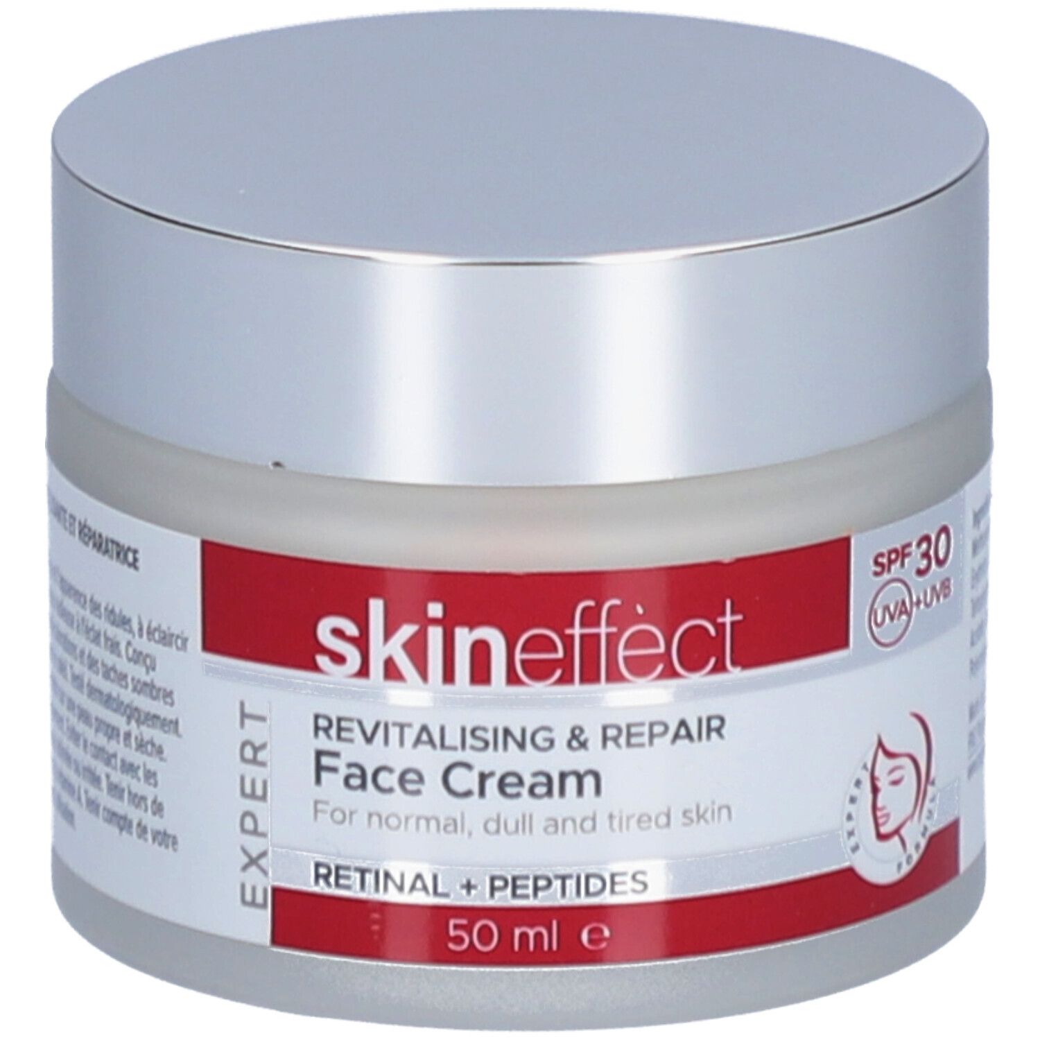 Crèmepot met zilveren deksel en rode band. Opschrift: skineffect, Revitaliserende & Herstellende Gezichtscrème, SPF 30.