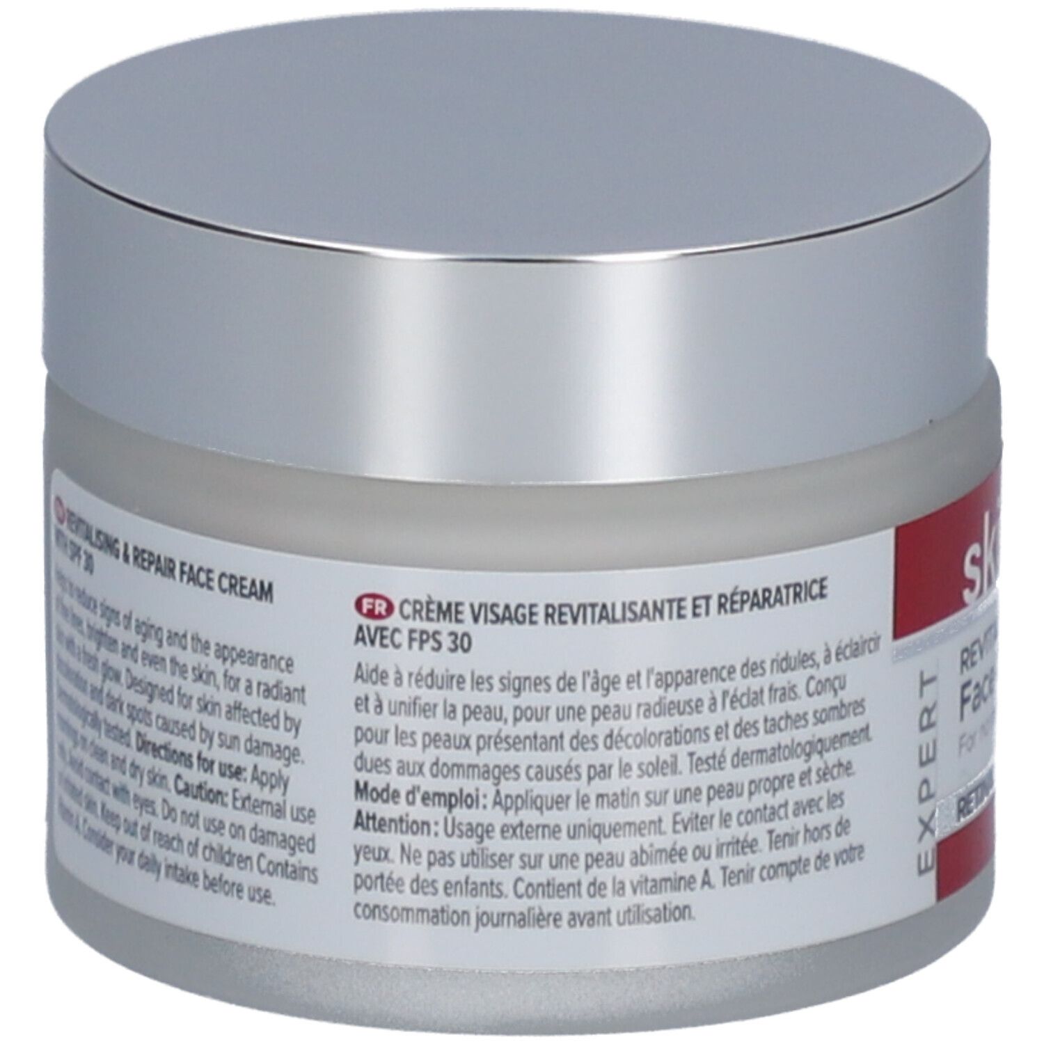 Achterkant van de crèmepot met tekst. Opschrift: Revitaliserende & Herstellende Gezichtscrème met SPF 30. Tekst in het Frans.