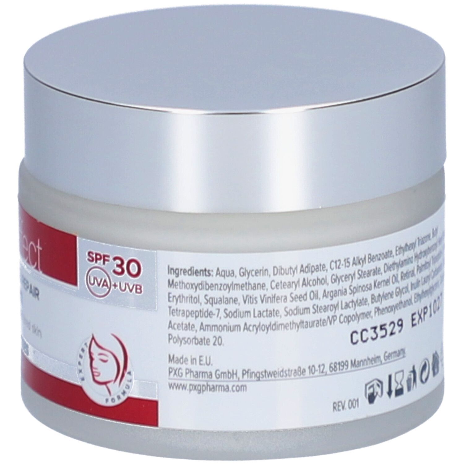 Crèmepot met ingrediënten en tekst. Opschrift: Revitaliserende & Herstellende Gezichtscrème met SPF 30. Logo.