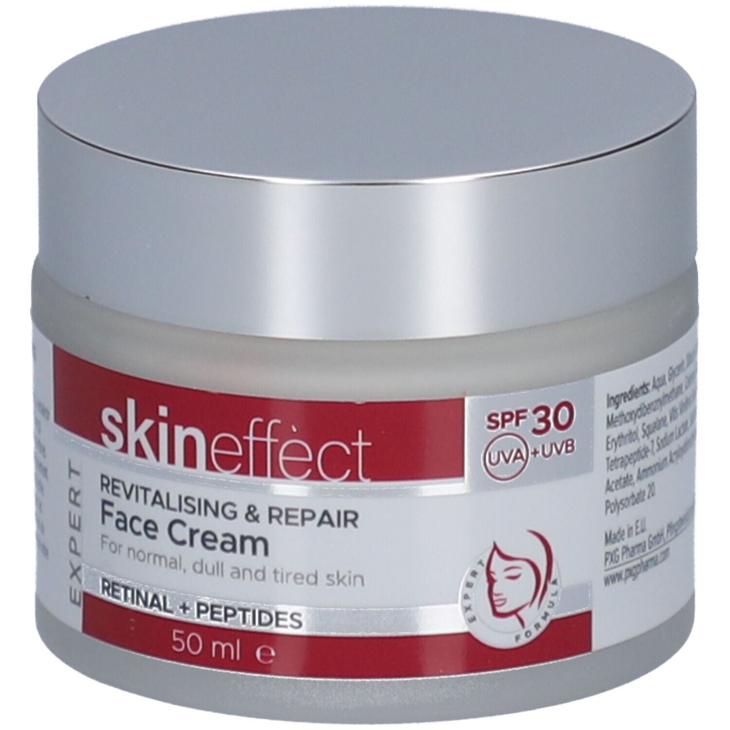 Crèmepot met zilveren deksel en rode band. Opschrift: skineffect, Revitaliserende & Herstellende Gezichtscrème, SPF 30.