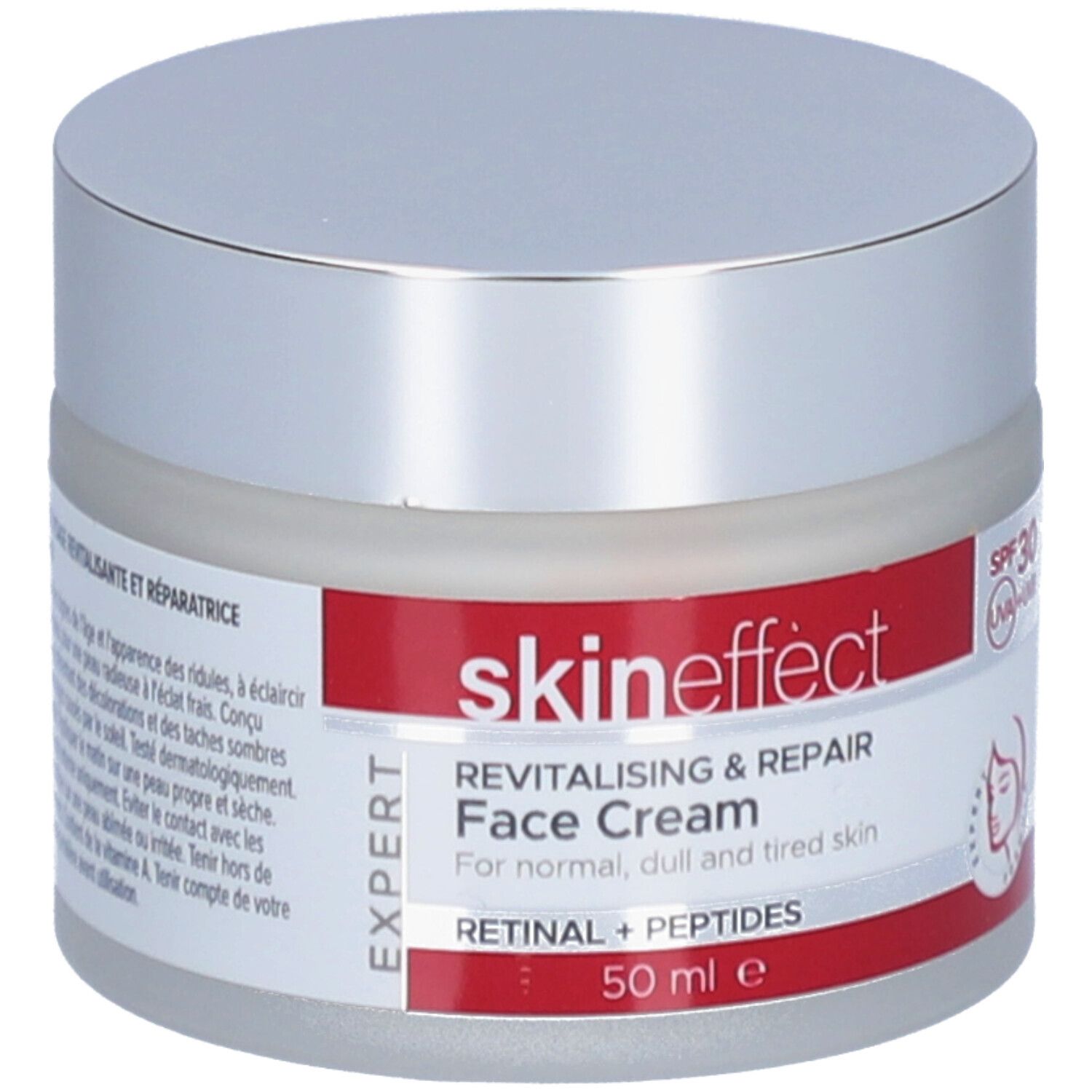Crèmepot met zilveren deksel en rode band. Opschrift: skineffect, Revitaliserende & Herstellende Gezichtscrème, SPF 30.