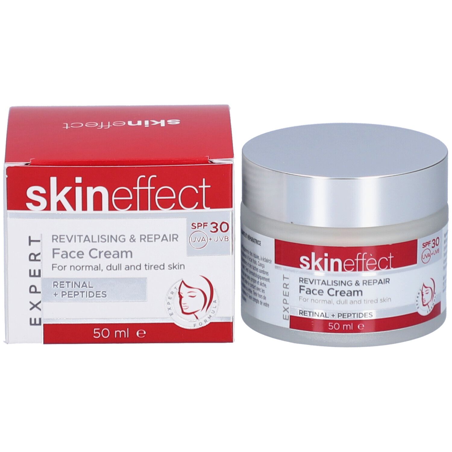 Crèmepot en doosje. Opschrift: skineffect, Revitaliserende & Herstellende Gezichtscrème, SPF 30. Logo.