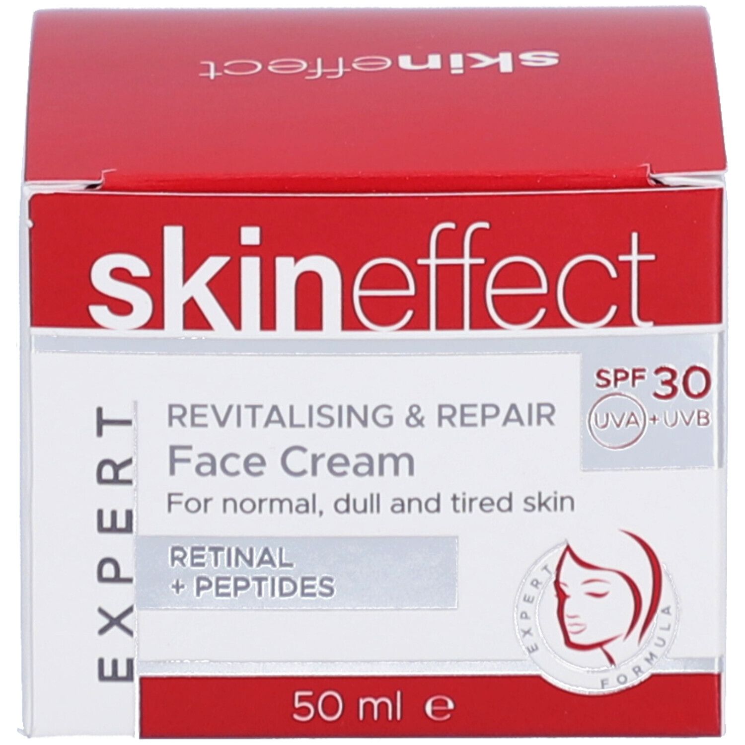 Rode doos met opschrift: skineffect, Revitaliserende & Herstellende Gezichtscrème, SPF 30. Logo.