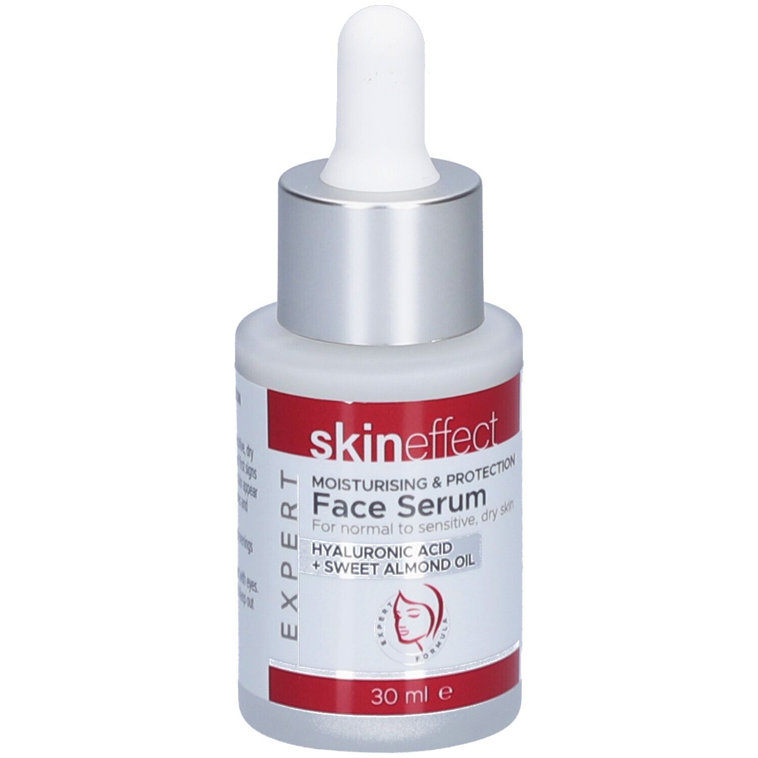 Flacon de sérum pour le visage avec pipette. Verre blanc, bouchon argenté, étiquette rouge avec texte: skin effect, Face Serum.