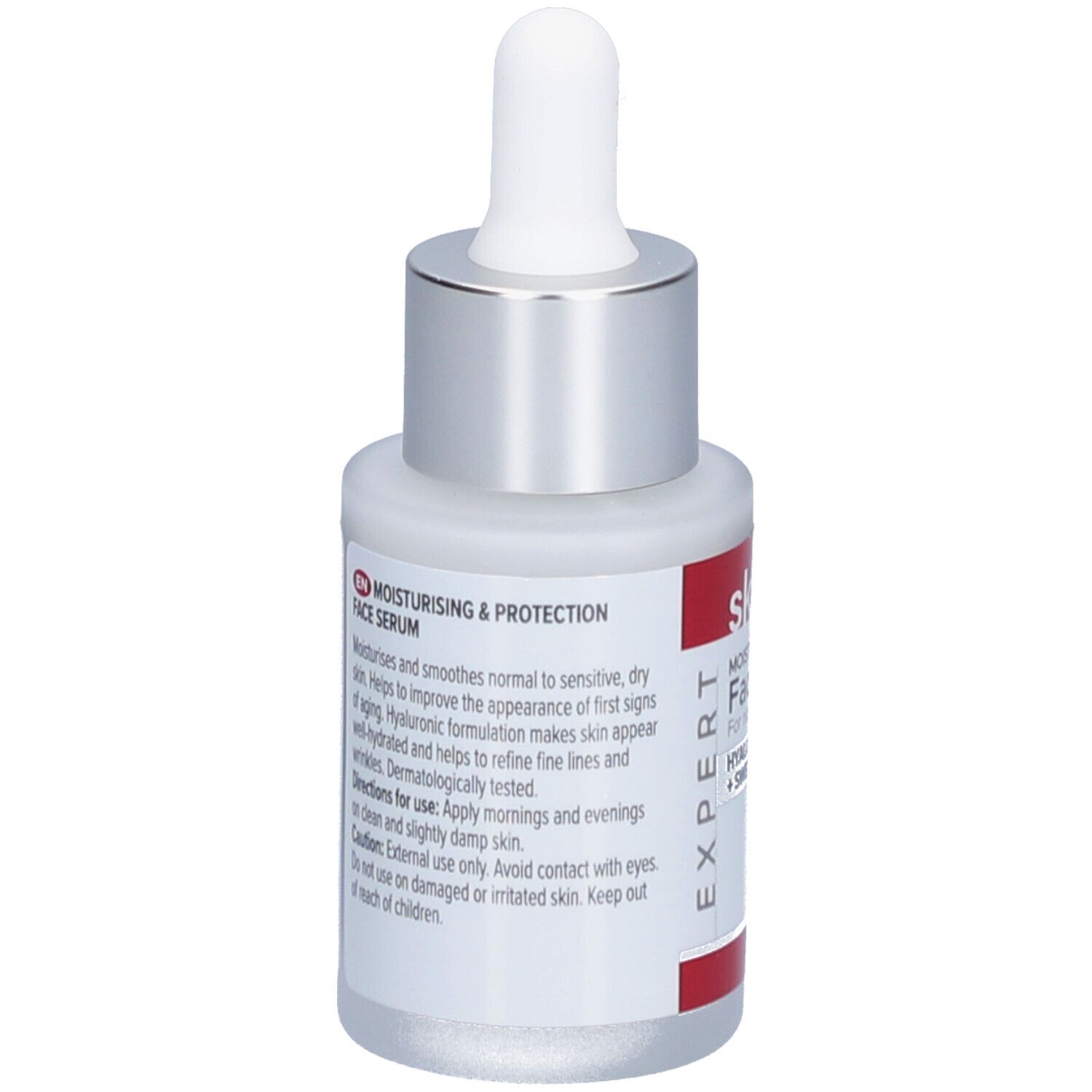 Flacon de sérum pour le visage. Verre blanc, bouchon argenté, étiquette rouge avec texte: skin effect, Face Serum, instructions.