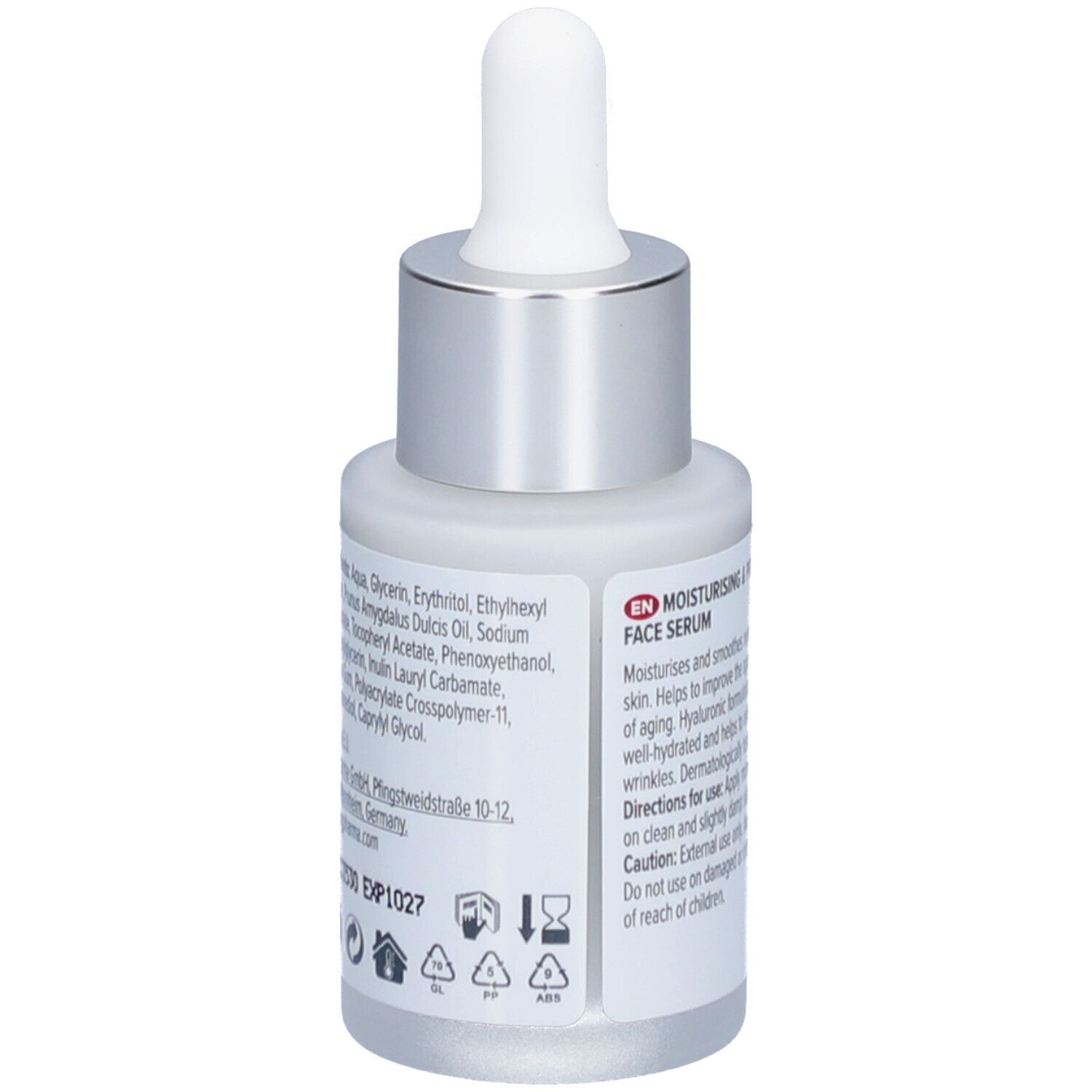 Flacon de sérum pour le visage. Verre blanc, bouchon argenté, étiquette rouge avec texte: skin effect, Face Serum, ingrédients.