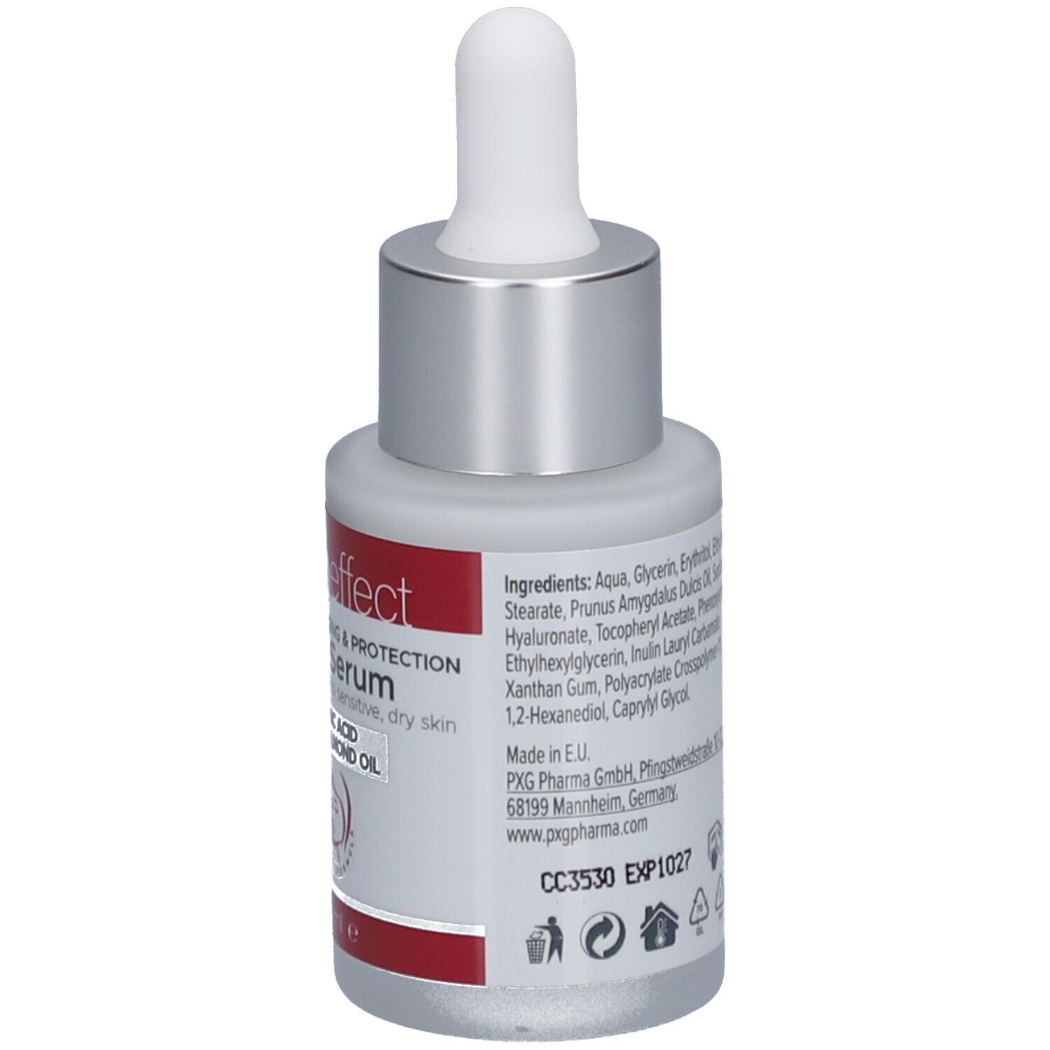 Flacon de sérum pour le visage. Verre blanc, bouchon argenté, étiquette rouge avec texte: skin effect, Face Serum, ingrédients, fabricant.