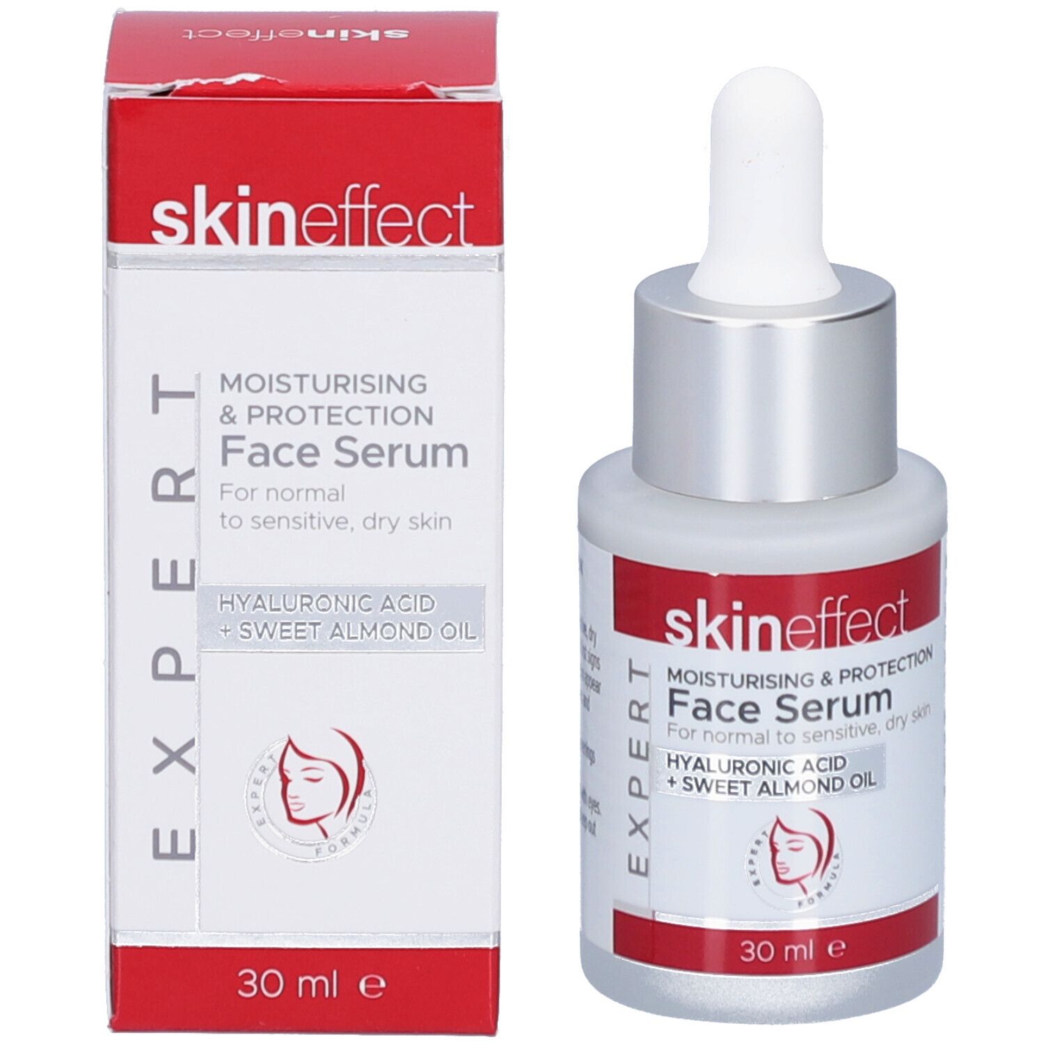 Flacon et boîte de sérum pour le visage. Flacon: verre blanc, bouchon argenté, étiquette rouge. Boîte: rouge et blanc, texte: skin effect, Face Serum.