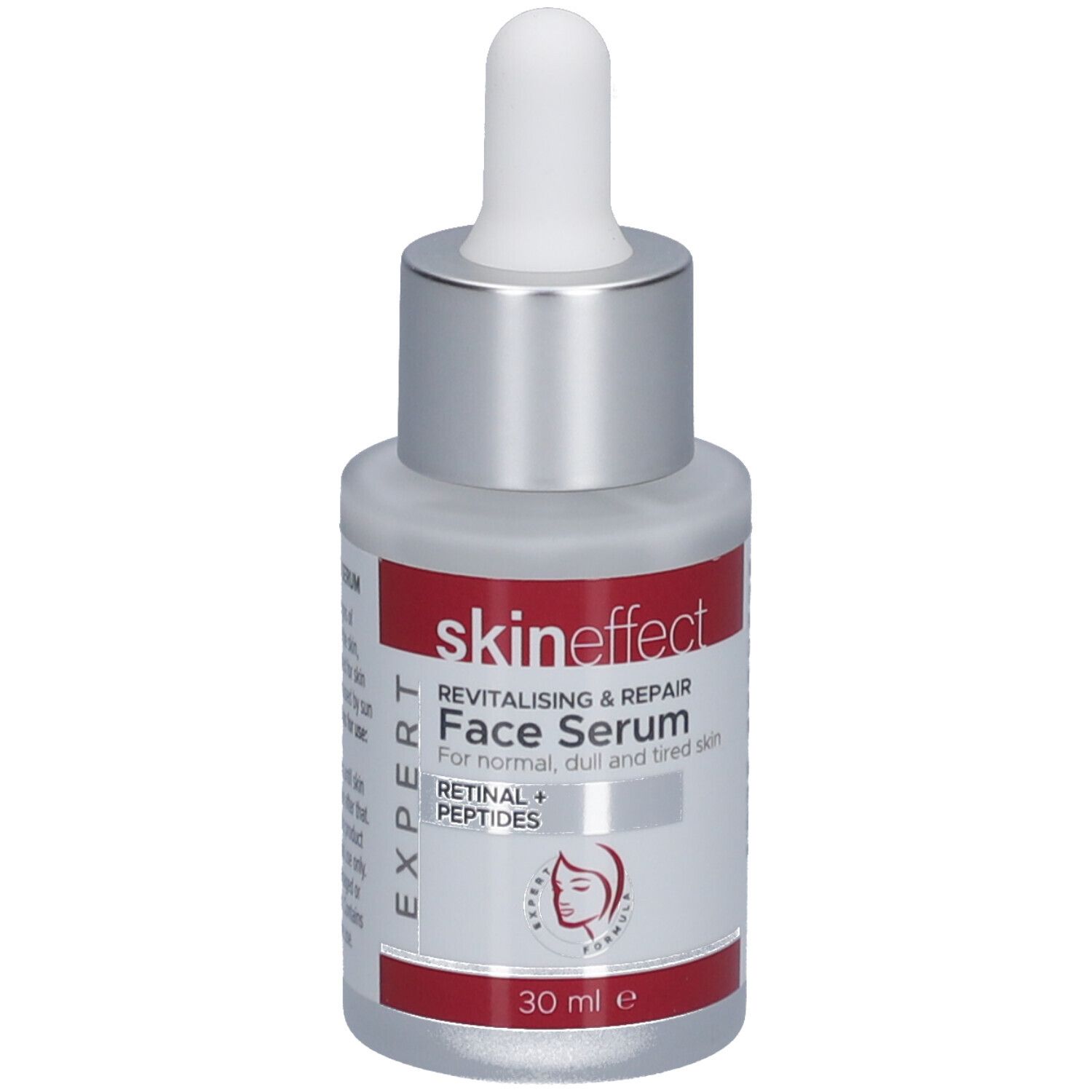 Flacon de sérum pour le visage avec pipette. Flacon blanc-argenté avec étiquette rouge. Texte : skin effect, Face Serum, Retinal + Peptides.