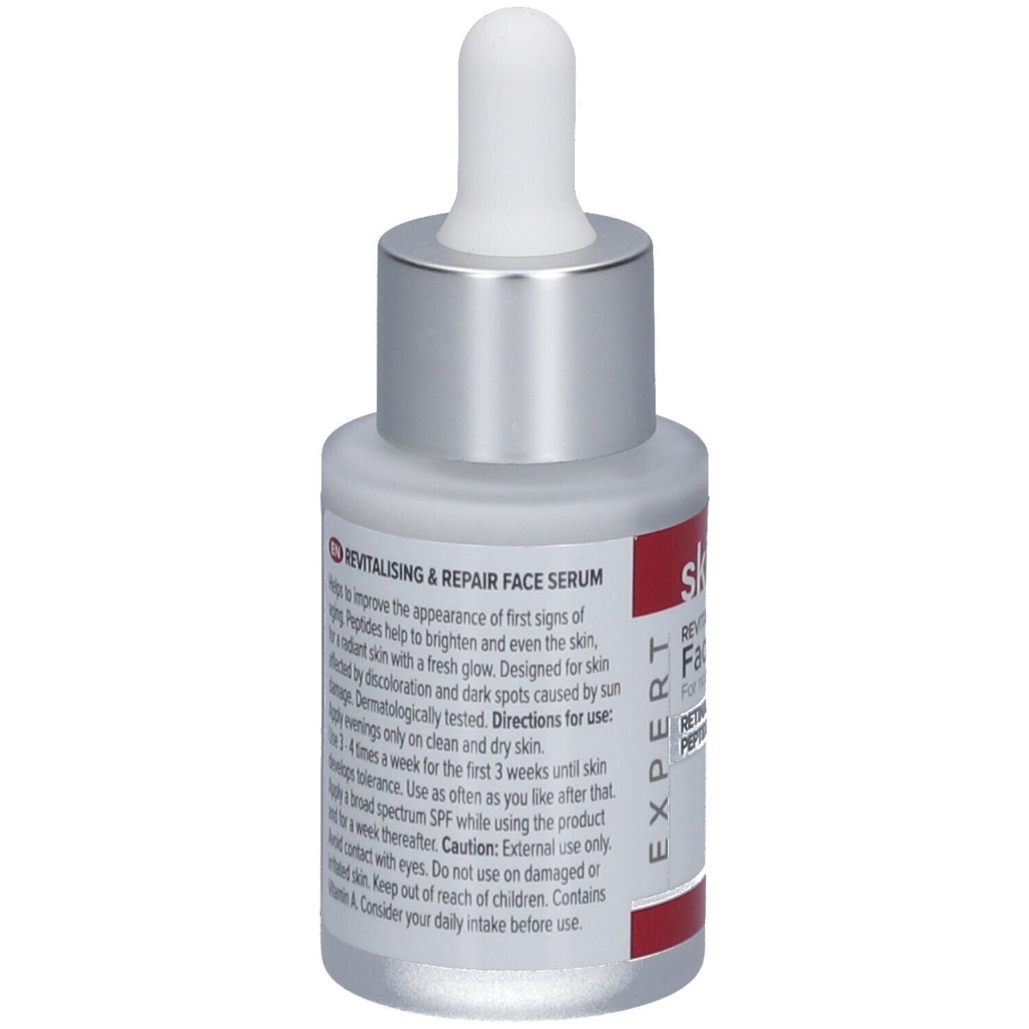 Flacon de sérum pour le visage avec pipette. Flacon blanc-argenté avec étiquette rouge. Texte: skin effect, Face Serum, Retinal + Peptides. Dos.