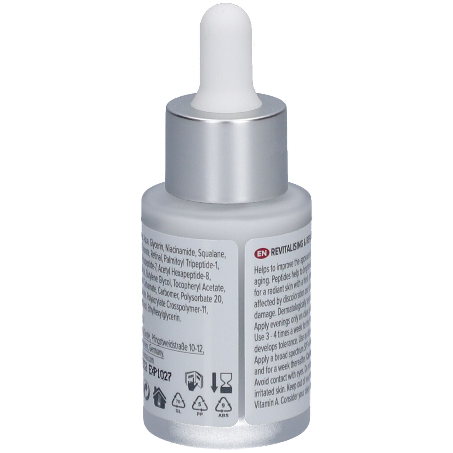 Flacon de sérum pour le visage avec pipette. Flacon blanc-argenté avec étiquette rouge. Texte: skin effect, Face Serum, Retinal + Peptides. Dos.