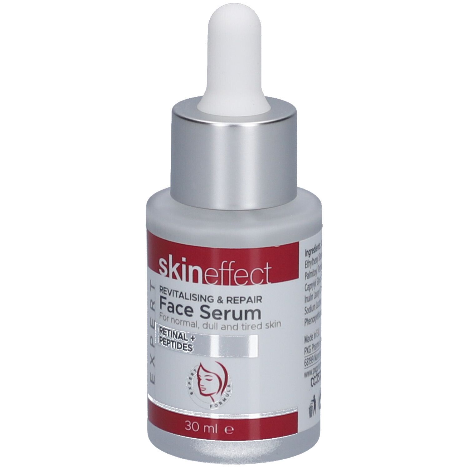 Flacon de sérum pour le visage avec pipette. Flacon blanc-argenté avec étiquette rouge. Texte : skin effect, Face Serum, Retinal + Peptides.