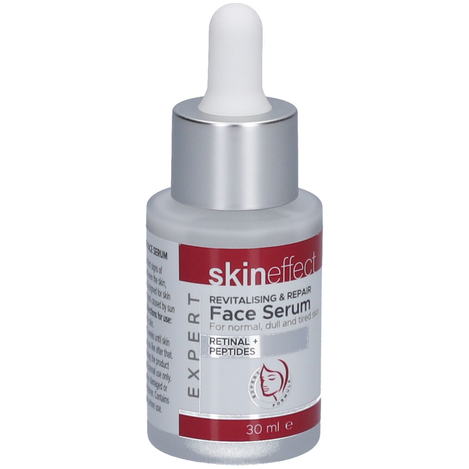 Flacon de sérum pour le visage avec pipette. Flacon blanc-argenté avec étiquette rouge. Texte : skin effect, Face Serum, Retinal + Peptides.