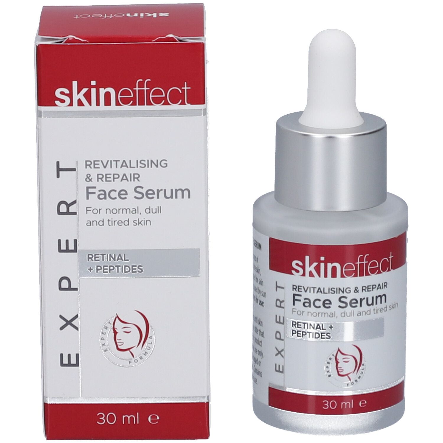 Flacon de sérum et boîte. Flacon avec pipette, boîte rouge et blanche. Texte : skin effect, Face Serum, Retinal + Peptides.