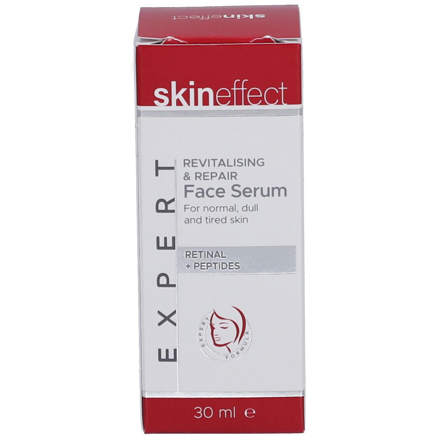 Boîte de sérum pour le visage. Boîte rouge et blanche. Texte : skin effect, Face Serum, Retinal + Peptides, 30 ml.