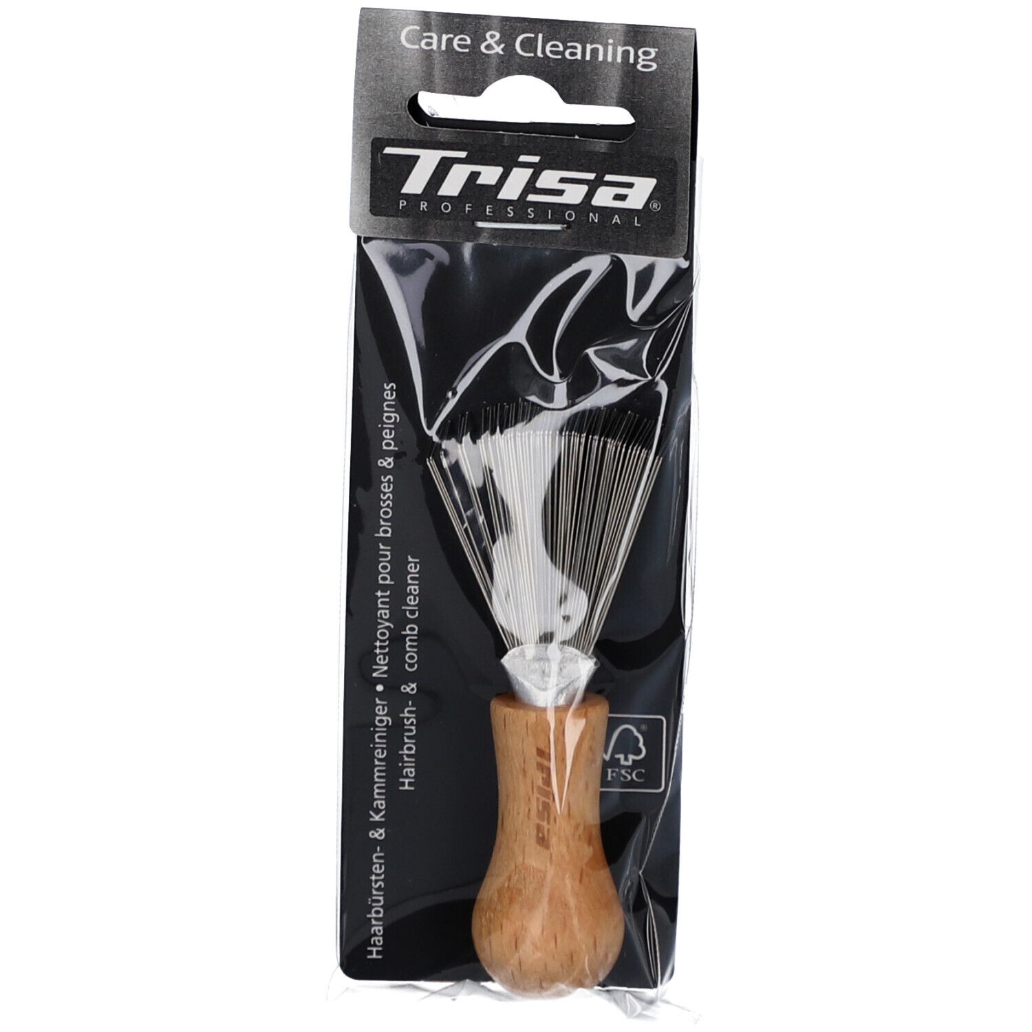 Haarborstel- & kamreiniger in verpakking. Houten handvat, metalen borstelharen. Zwarte verpakking met productnaam en FSC-logo.
