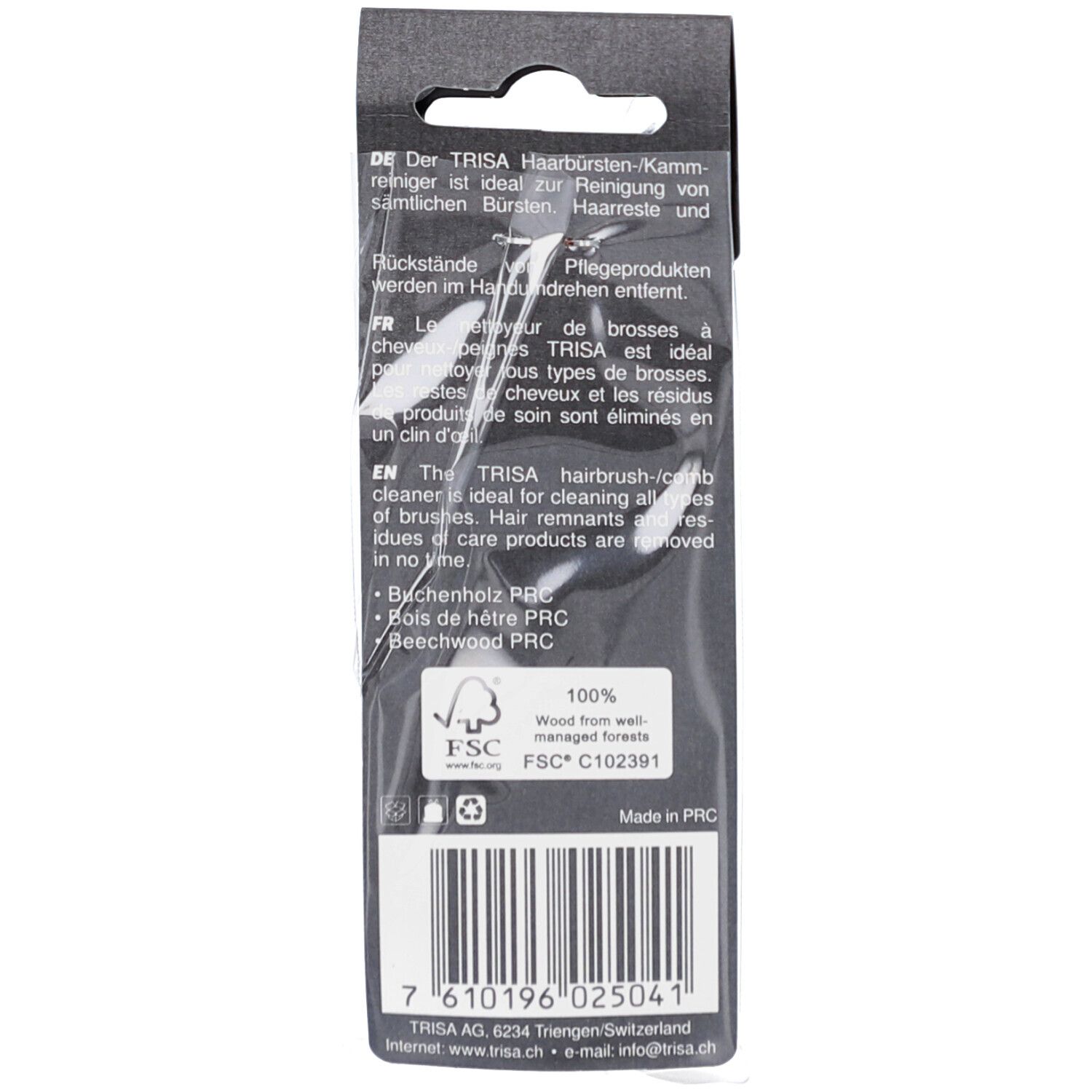 Achterkant van de verpakking. Tekst in het Duits, Frans en Engels. FSC-logo. Streepjescode en fabrikantgegevens.