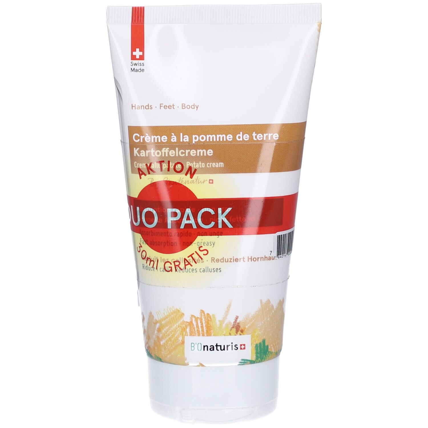 Crèmetube met rode streep. Tekst: Crème à la pomme de terre, Kartoffelcreme, Duo Pack. Zwitsers kruis.